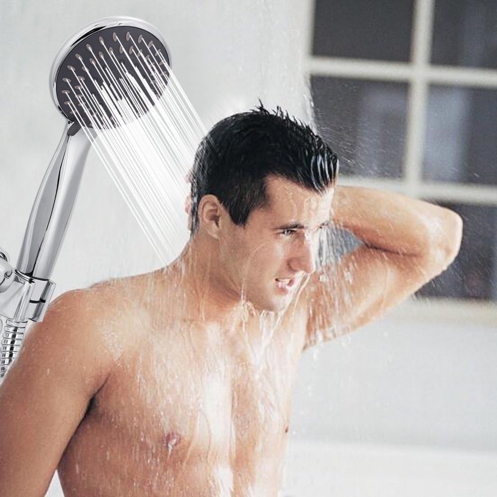 Shower Head, High Pressure Handheld Showerhead with Hose, 5 Settings Chrome Finished Hand Held Rainfall Shower Set- Including Bracket Teflon Washer