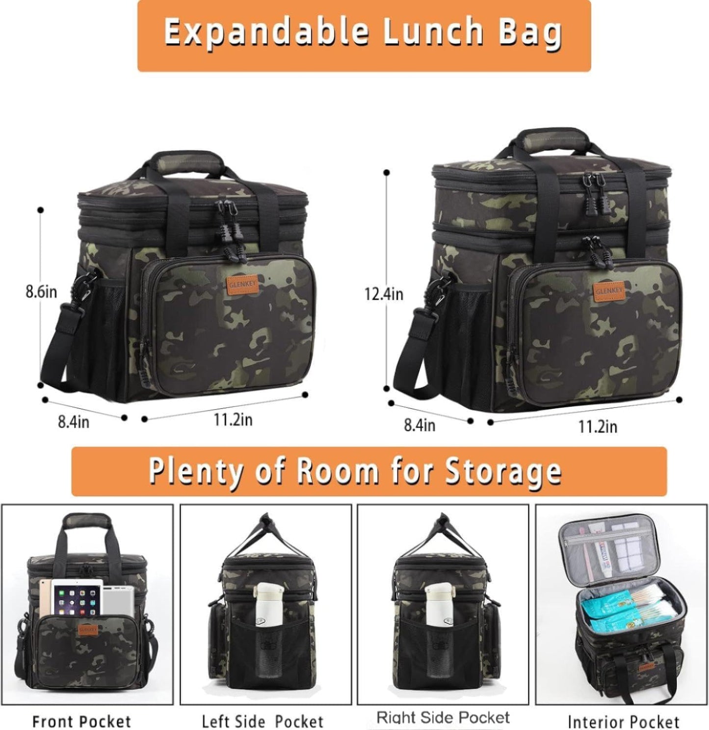 Expandable Large Lunch Bag, Double Deck Insulated Lunch Box Leakproof Durable Soft Cooler Bag for Men Women Adults Work Construction Beach Picnic Daytrip,16L,Black, GLENKEY