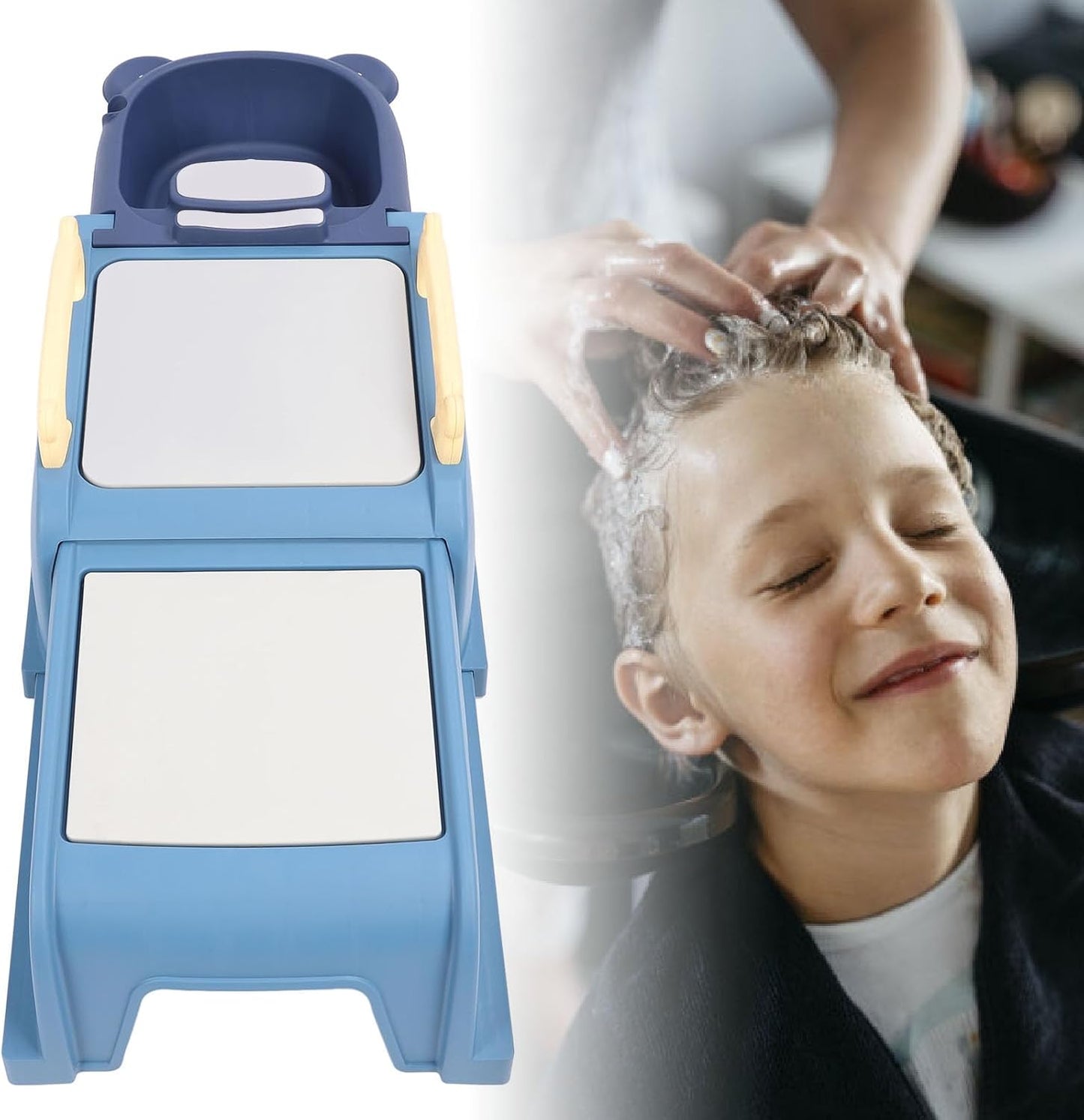 Foldable Baby Shampoo Chair, Adjustable Length Kids Hair Washing Bath Seat with Shampoo Basin and Head Cushion Soft Armrests, Non Slip Bath Chair for Children (Blue)