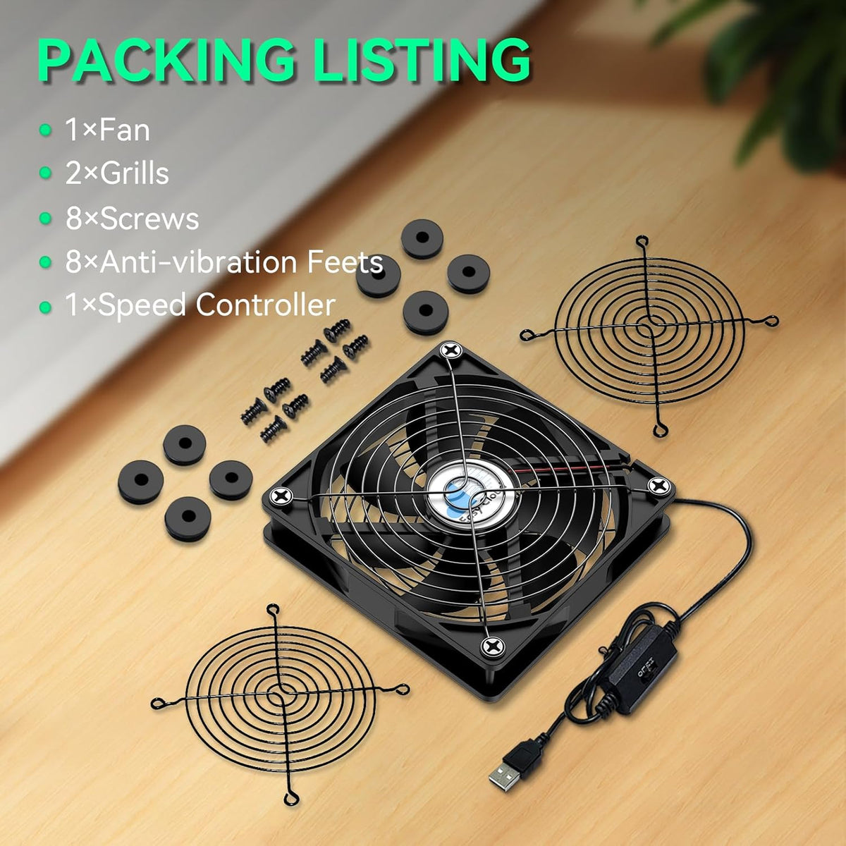120mm Case Fan with Variable Speed Controller 3V to 12V, Axial Computer Fan with AC Plug 110V 120V 220V, Quiet Brushless USB Fan for PC Computer Cooling Biltong Box Cabinet Receiver Xbox DVR, 2 Pack - PuriLite