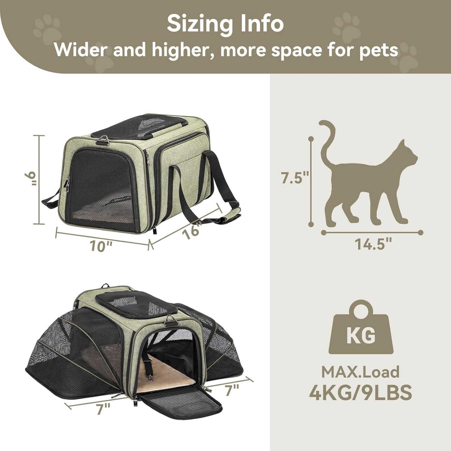 Petsfit Expandable Cat Dog Carrier Airline Approved, 17" L x 11" W x 11" H Soft-Sided Portable Pet Travel Carrier for Kitten, Puppy, Removable Soft Plush Mat and Pockets, Auto-Locking Zippers