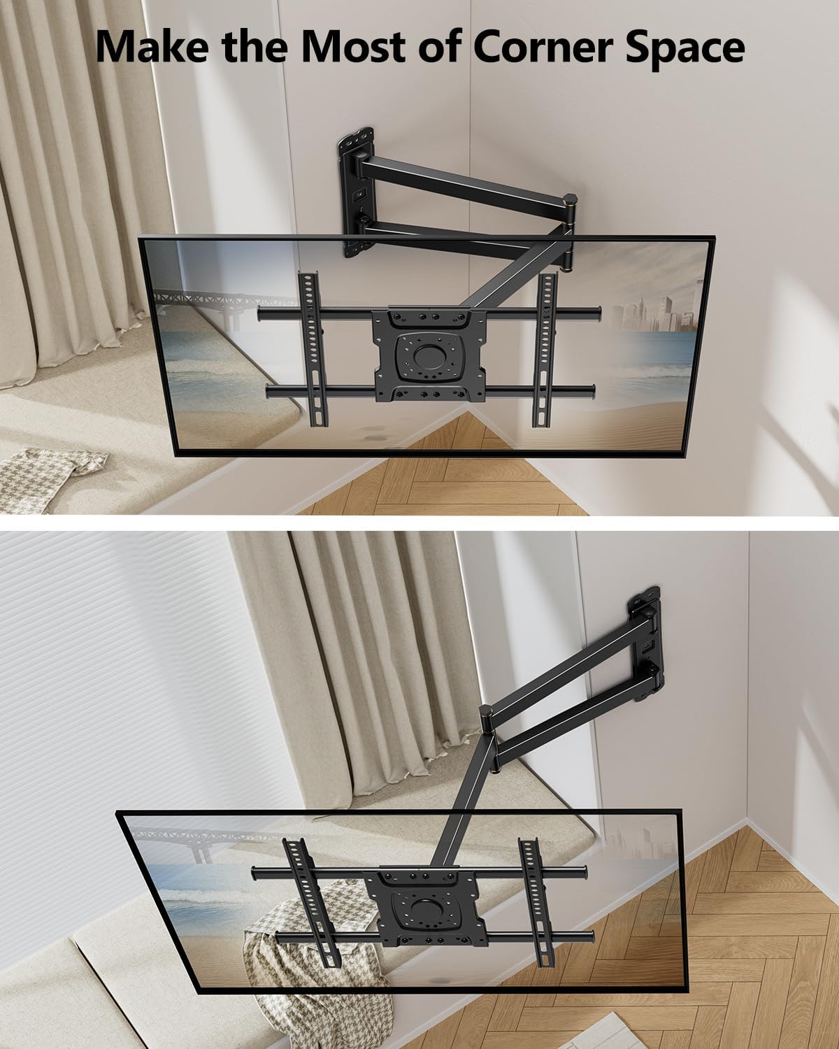 Corner TV Mount,Long Arm TV Wall Mount with 33inch Extension,Full Motion TV Wall Mount Swivel and Tilt Heavy Duty,90 Degree TV Mount,Fit 32-70''TV, Single Stud,Load 88lbs,Max VESA 600x400mm by WHYFONE