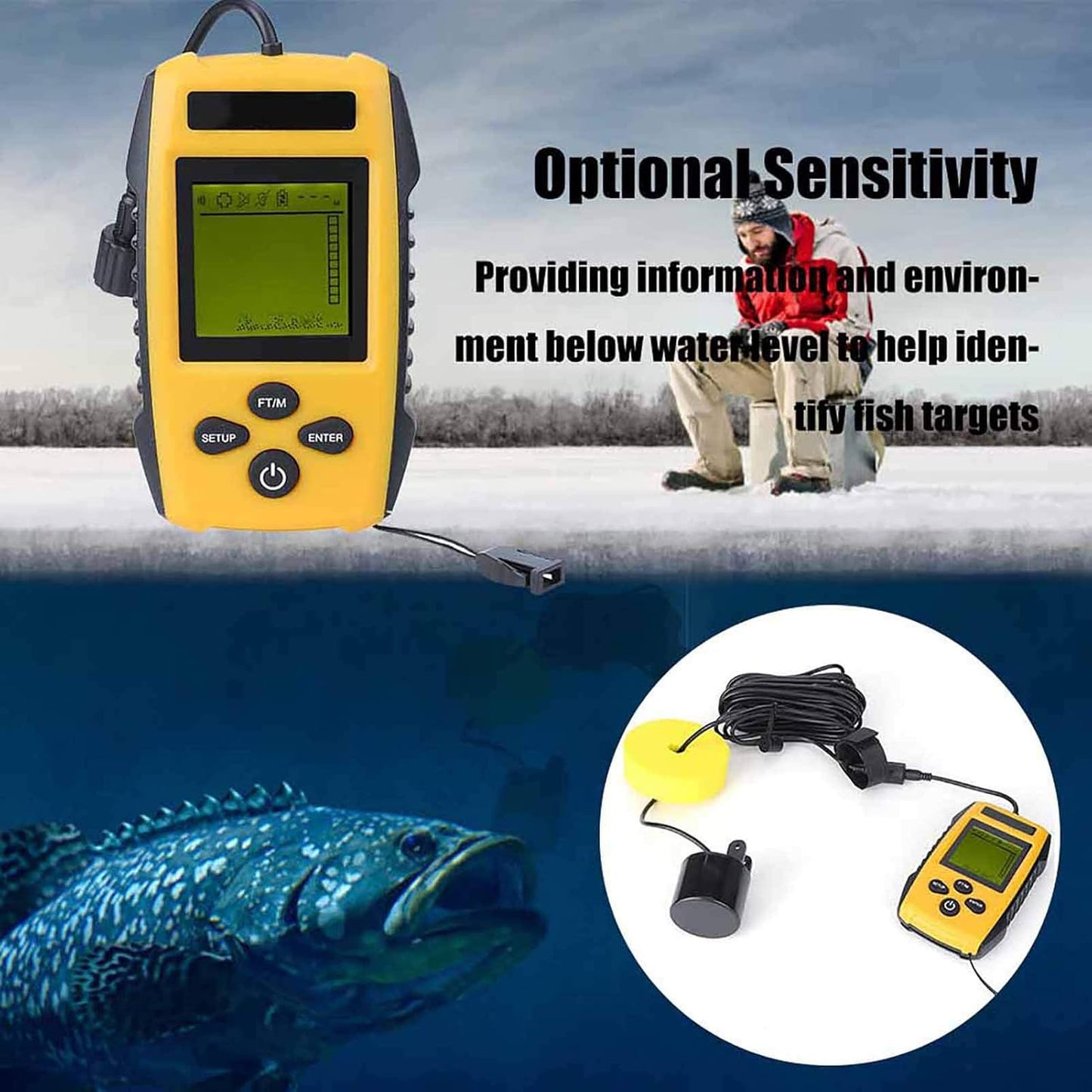 Fish Finder, Portable Fishing Kayak Fishfinder Handheld Fish Depth Finder with Sonar Sensor Transducer and LCD Display Fish Detector Device for Fishing