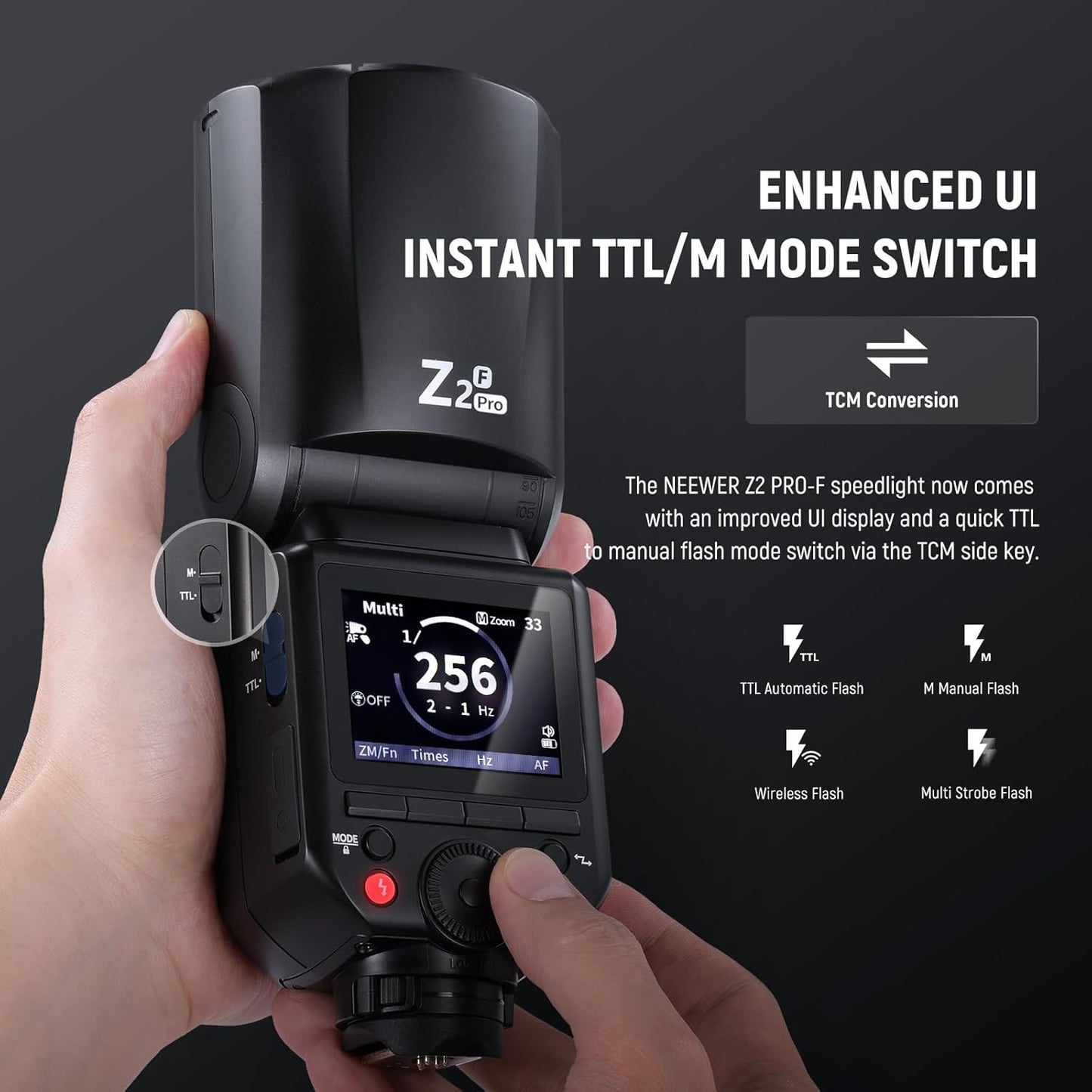 NEEWER Z2PRO-C 2.4G TTL Round Head Flash Speedlite Compatible with Canon, Wireless Compatible with Godox, Upgraded UI, 76Ws 1/8000s HSS, TTL/M TCM Switch, 7.2V/3000mAh Battery, 600 Full Power Flash