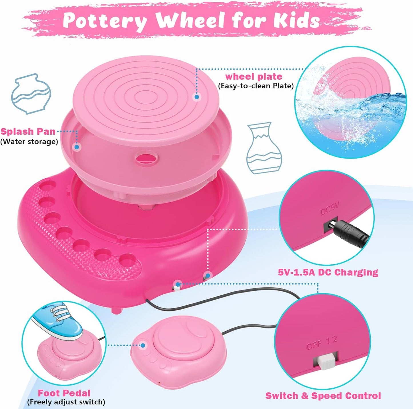 Kids Pottery Wheel Kit for Beginners with Clay, Paints, Tools, and Apron – Complete Art & Craft Set for Ages 6–12, Creative DIY Pottery Toy (Rose) - PuriLite