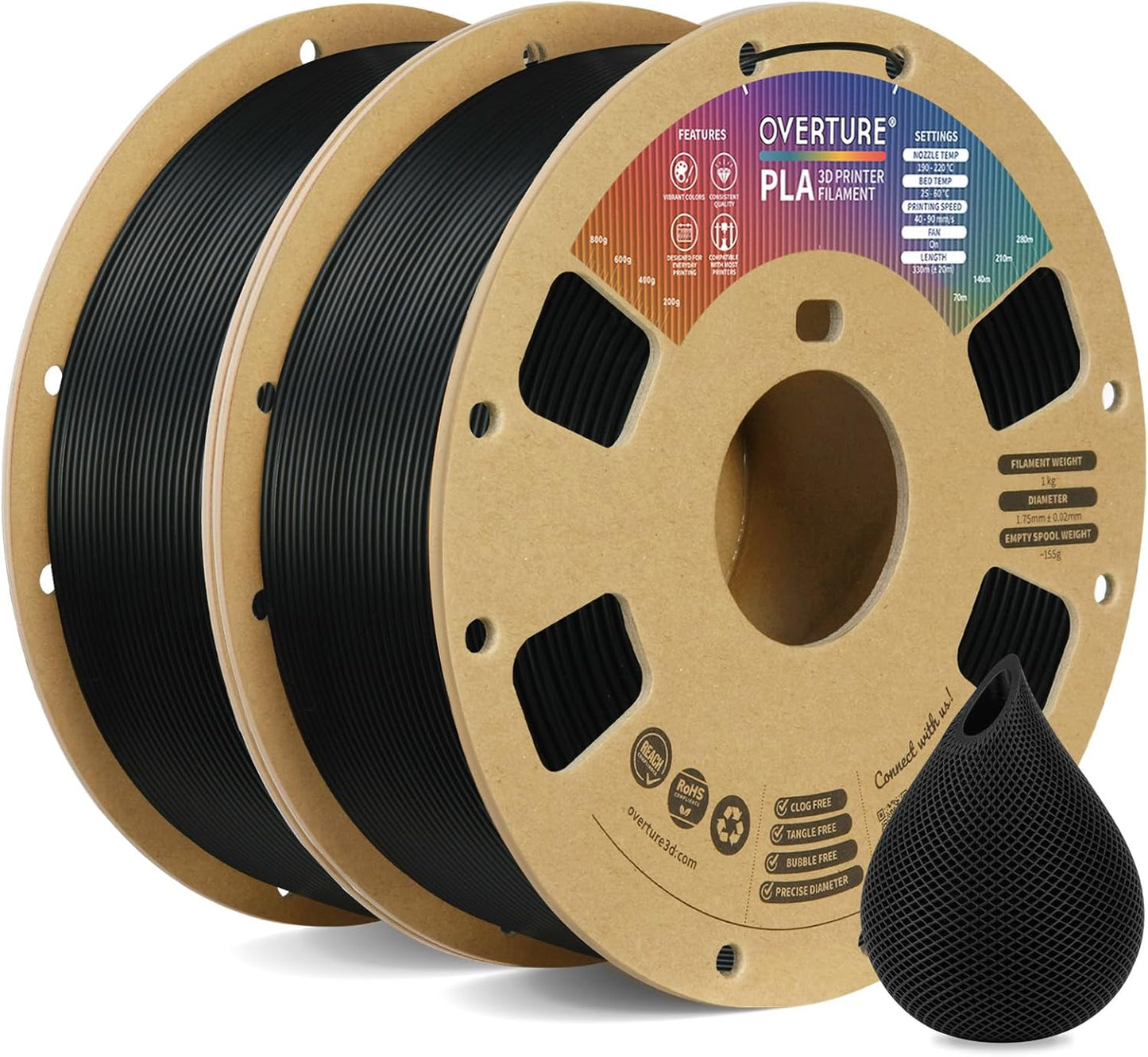 OVERTURE PLA Filament 1.75mm PLA 3D Printer Filament, 1kg Cardboard Spool (2.2lbs), Dimensional Accuracy +/- 0.02mm, Fit Most FDM Printer (Black 1-Pack)