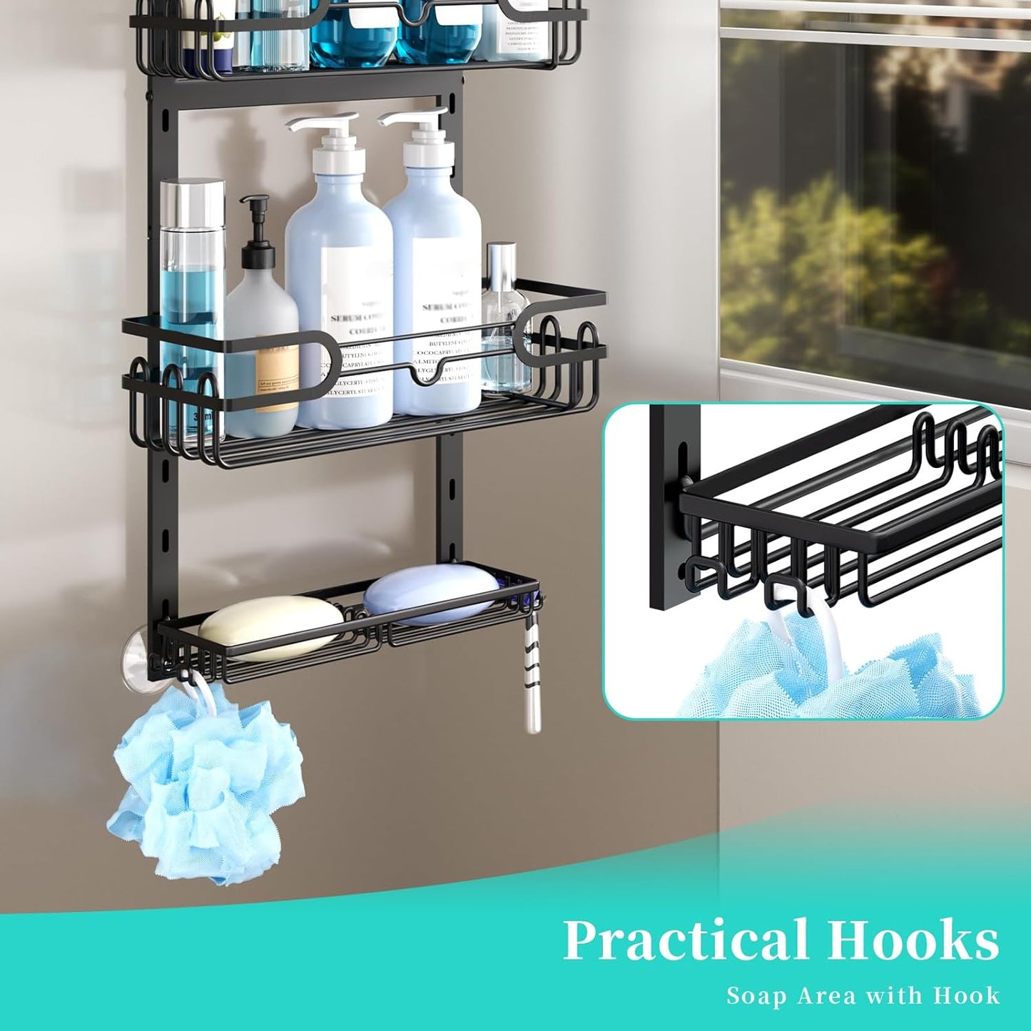 HapiRm Adjustable Shower Caddy Hanging - 4-Tier No Drilling Bathroom Shelf Over the Door, Rustproof Shower Organizer Hanging with 2 Soap Holders & 22 Hooks, Bathroom Organizer for Shampoo, Conditioner