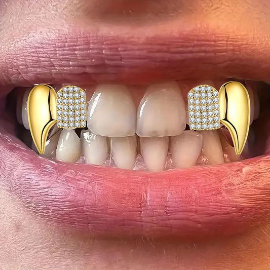 Gothic Vampire Diamond Grills Teeth Grillz Diamond Grills for Your Teeth 18k Gold Plated Double Tooth Grizz Caps Vampire Bat Fang Iced Out CZ Diamonds Grills Gothic Halloween Cosplay Party Jewelry for - PuriLite