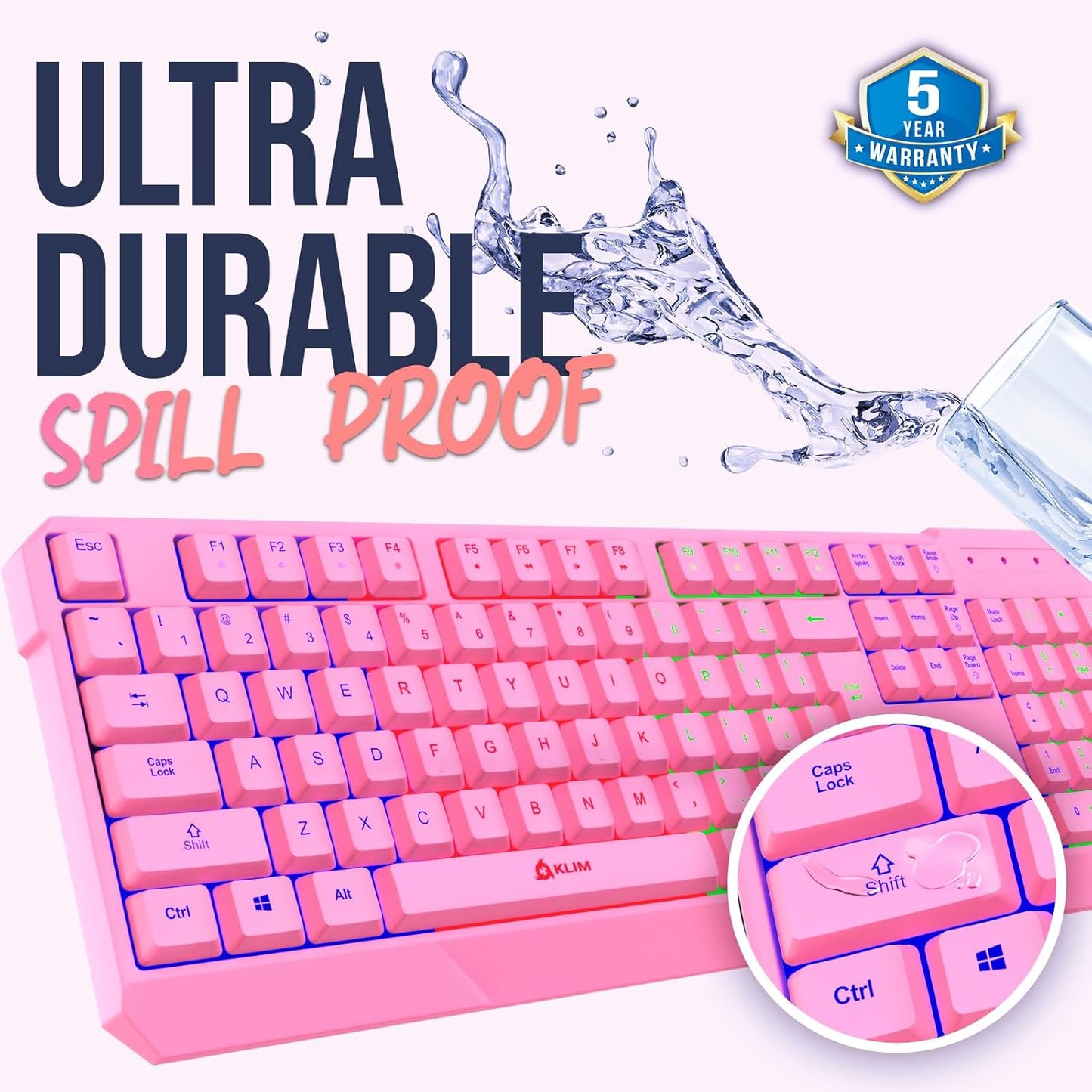KLIM Chroma Wireless Gaming Keyboard RGB New - Long-Lasting Rechargeable Battery - Quick and Quiet Typing - Water Resistant Backlit Wireless Keyboard for PC PS5 PS4 Mac - Black