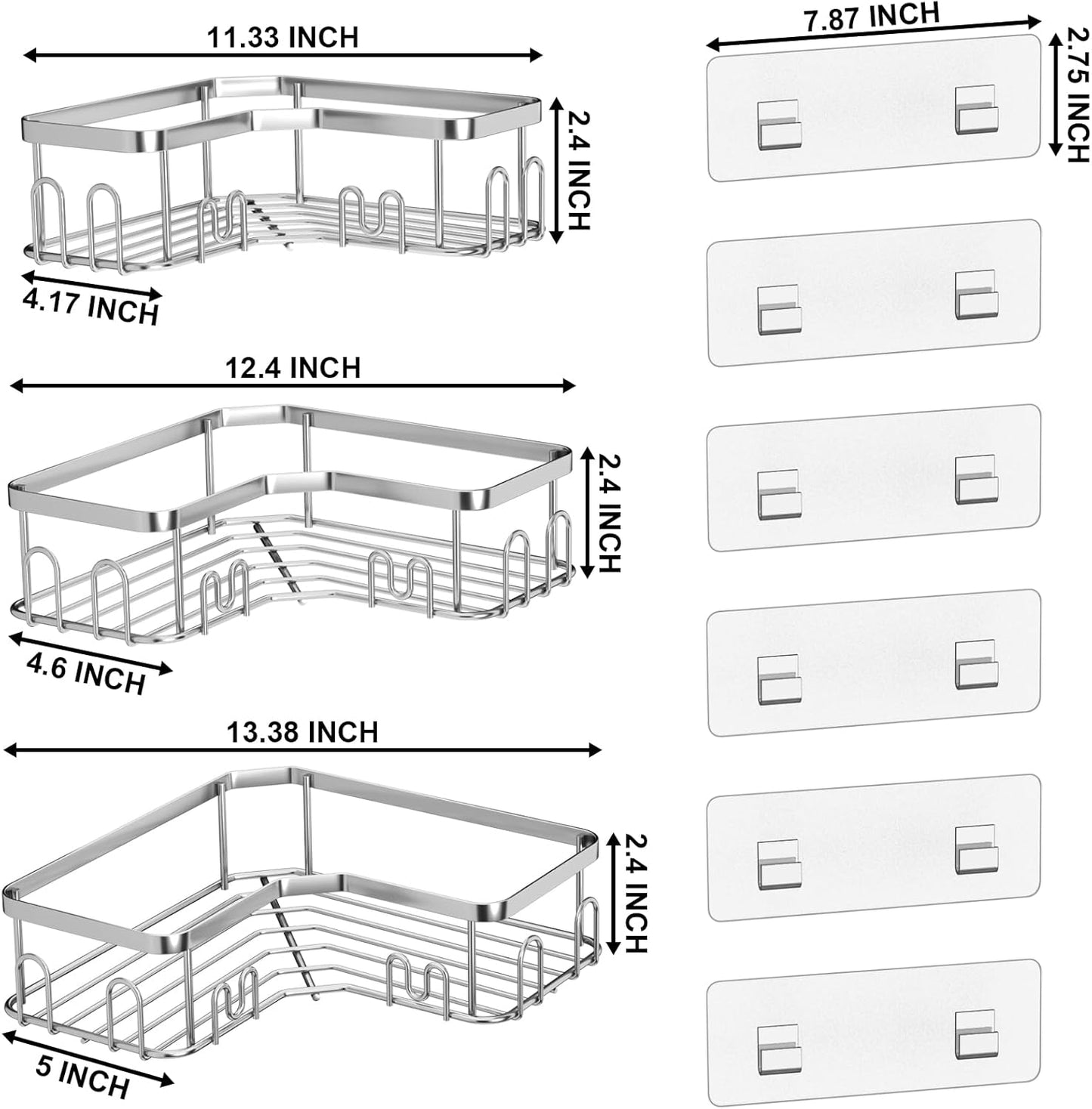3 Pack Corner Shower Caddy/Shelf with 18 Hooks, Stainless Steel Adhesive Shower Organizer for Bathroom Storage (Silver)