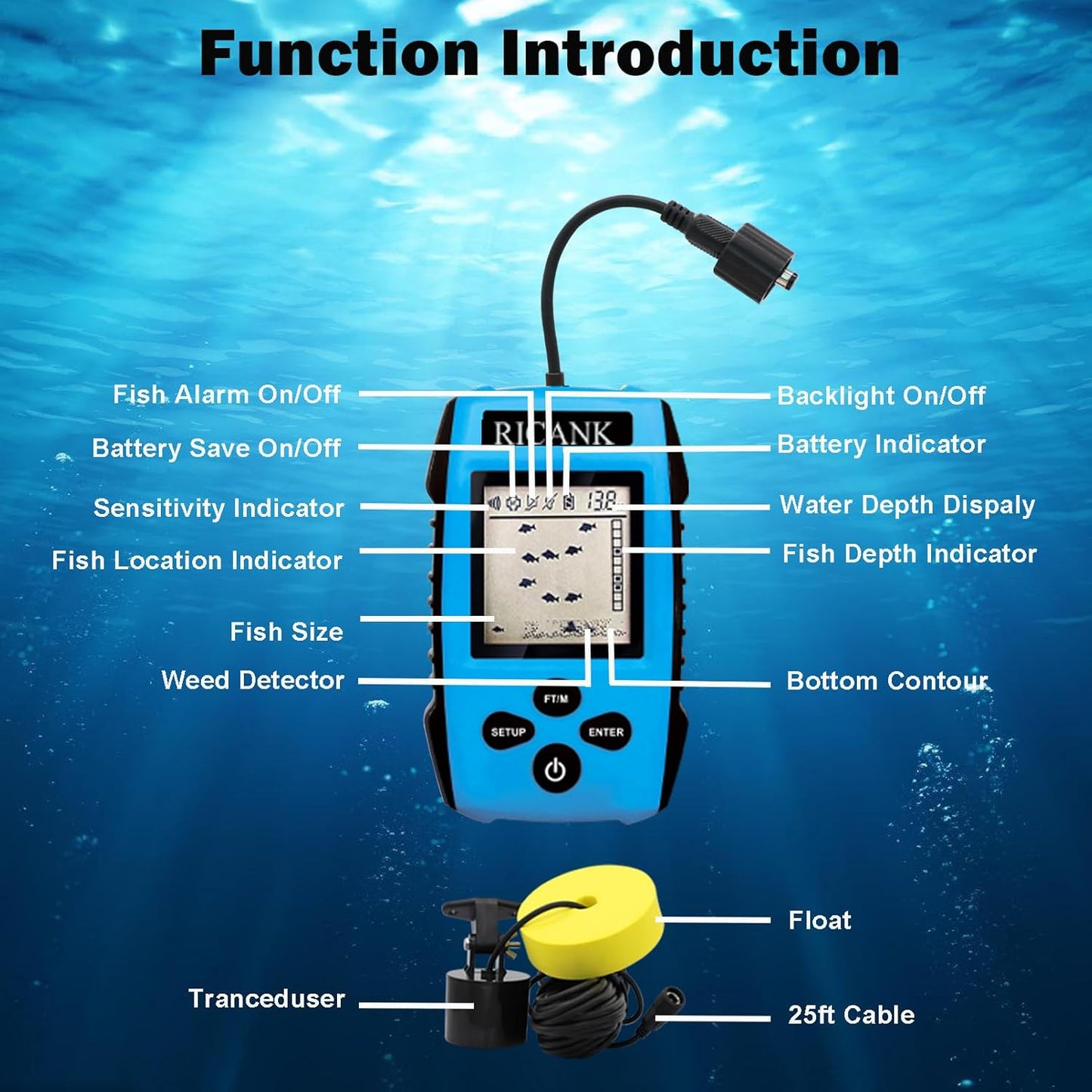 RICANK Portable Fish Finder, Handheld Fish Depth Finder Contour Readout Fishfinder Ice Kayak Shore Boat Fishing Fish Detector Device with Sonar Sensor Transducer and LCD Display Gear Fish Depth Finder