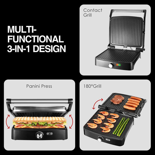OSTBA Panini Press Grill Indoor Grill Sandwich Maker with Temperature Setting, 4 Slice Large Non-stick Versatile Grill, Opens 180 Degrees to Fit Any Type or Size of Food, Removable Drip Tray, 1200 W - PuriLite