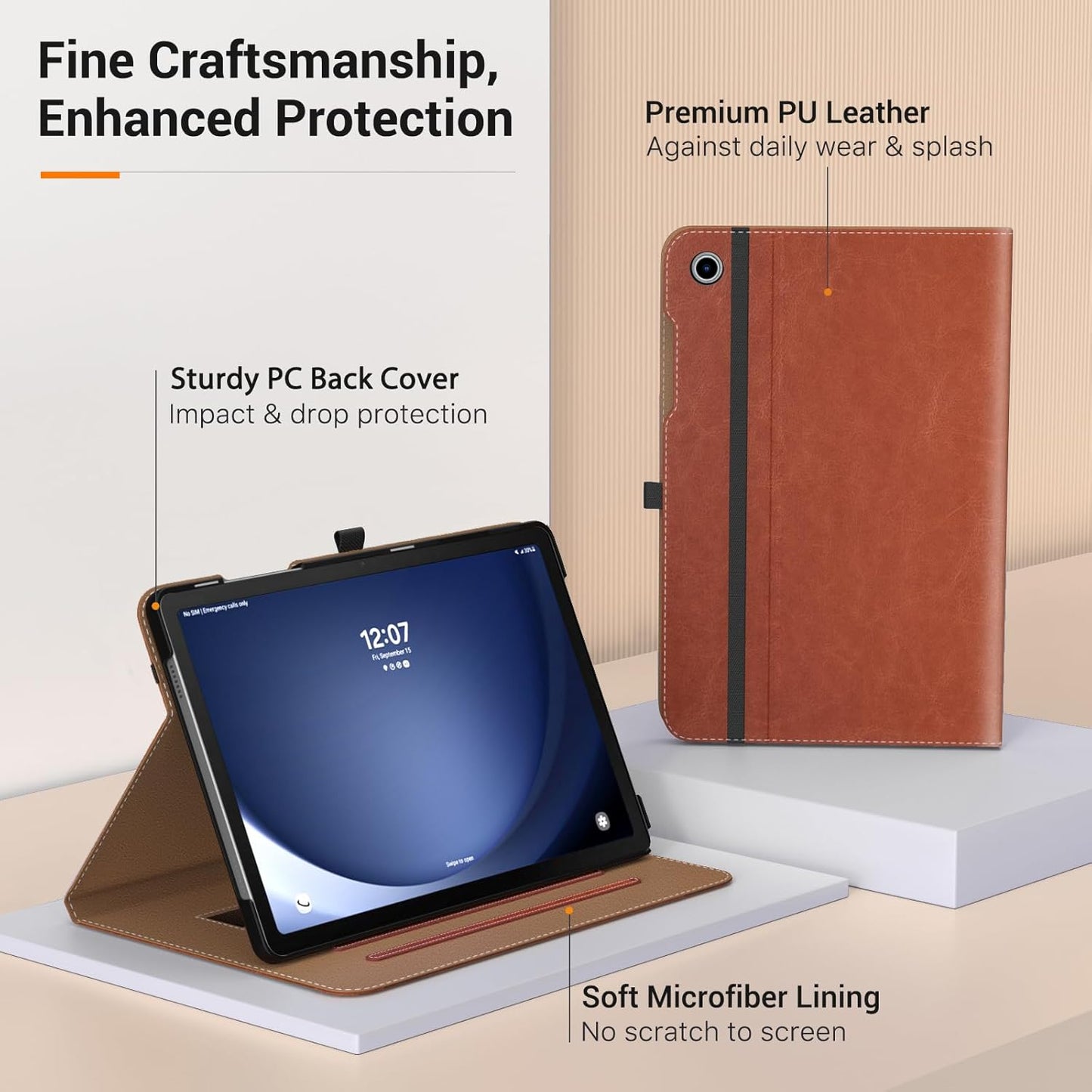 MoKo Case for Samsung Galaxy Tab A9 Plus 11" 2023 (SM-X210/SM-X216/SM-X218), PU Leather Multi-Angle Viewing Folding Stand Cover Case with Hand Strap, Front Pocket, Auto Wake/Sleep, Denim Blue & Brown
