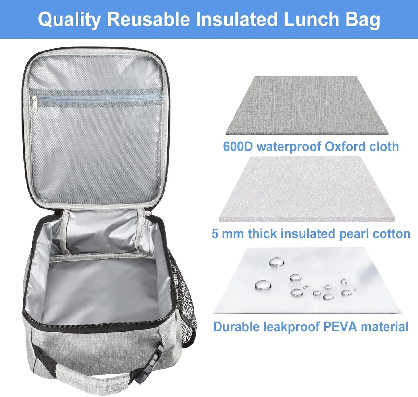 Insulated Lunch Bag, Leakproof Portable Lunch Box for Women Men Boys Girls, Large Capacity Cooler Bag with Handle and Bottle Pocket for Office School Camping Hiking Outdoor Beach Picnic (Black)