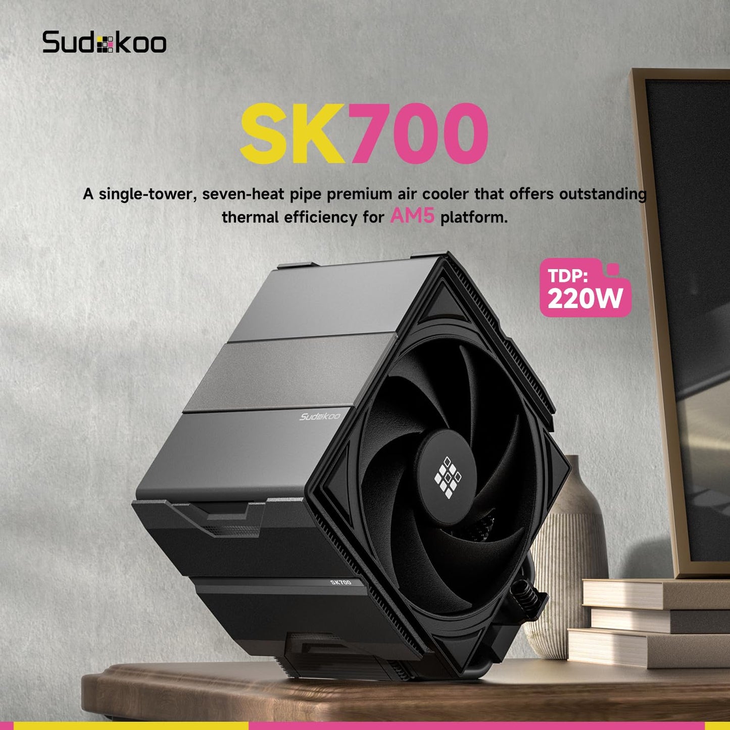 Sudokoo SK700V White AM5 CPU Cooler : 7 Heatpipes CPU Air Cooler with Digital Display for AM5 Exclusive - Single Tower PC Cooling with 120mm FDB PWM Quiet Fan & L-Rail Lock Mount