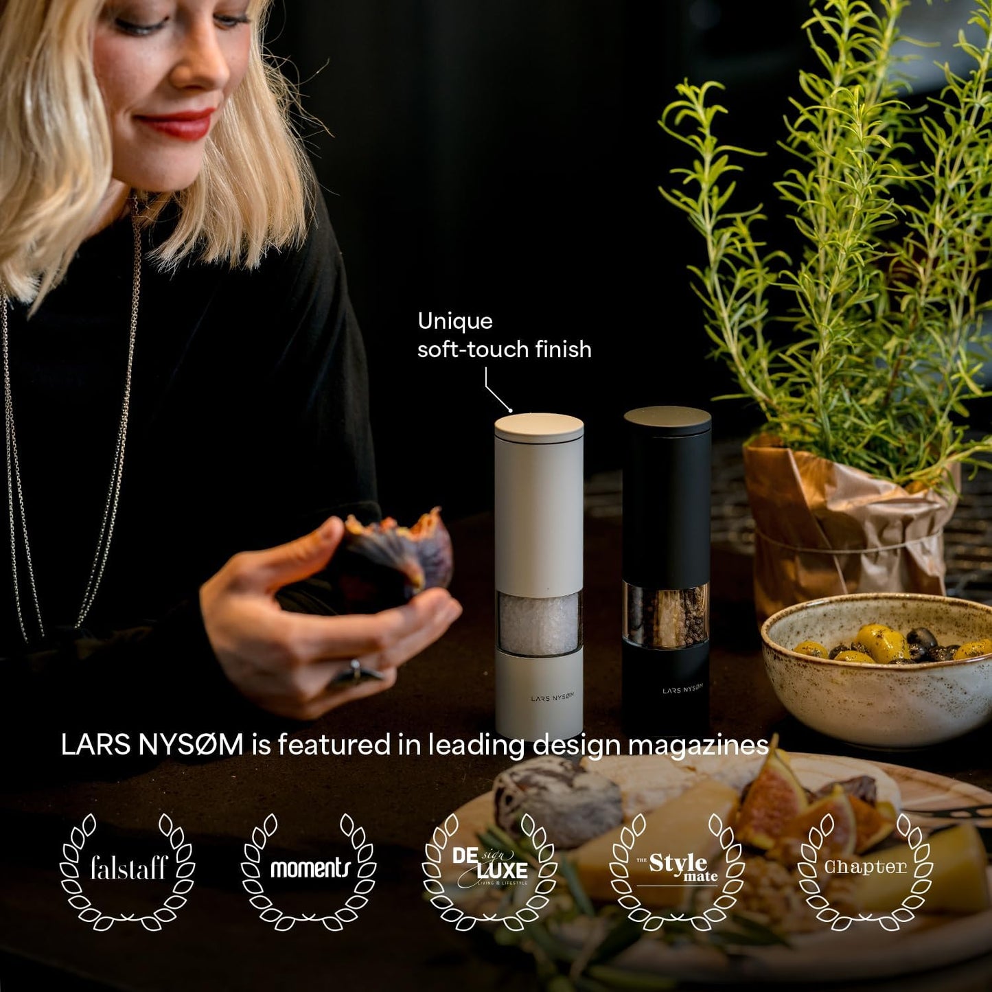 LARS NYSØM Salt and Pepper Mills Set Stainless Steel with Adjustable Ceramic Grinder 2 Pieces I Design Spice Mills Set Manual (Mustard Yellow)