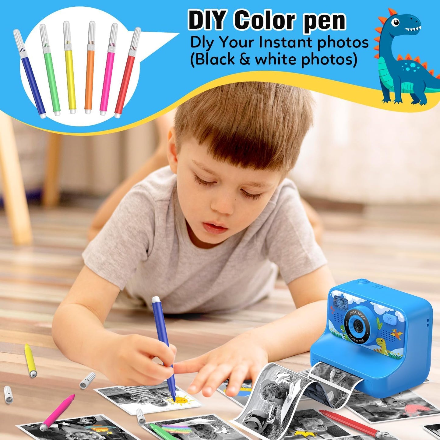Instant Print Camera for Kids Age 3-12 Girls Boys 1080P Selfie HD Digital Video Cameras with 6 Print Paper & 32G Card Toddler Portable Travel Toys Camera for Christmas Birthday Gifts