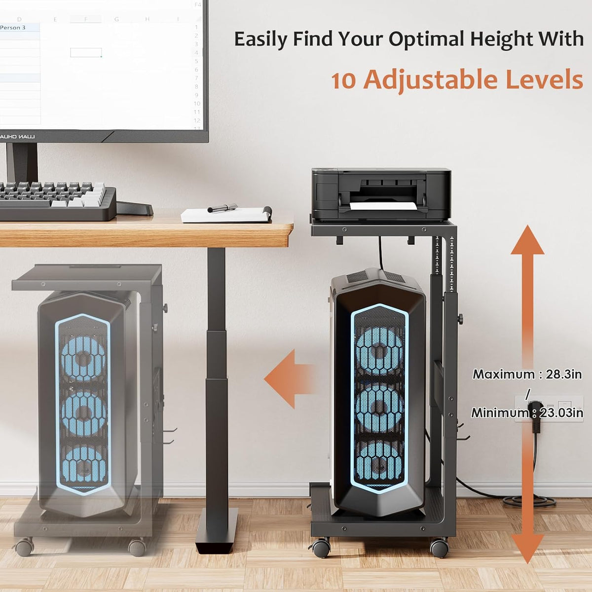 JANE EYRE - Adjustable Computer Tower Stand - CPU Stand with Charging Station for Office, Home, Classroom, 23-28.3 Inches Tall, Black