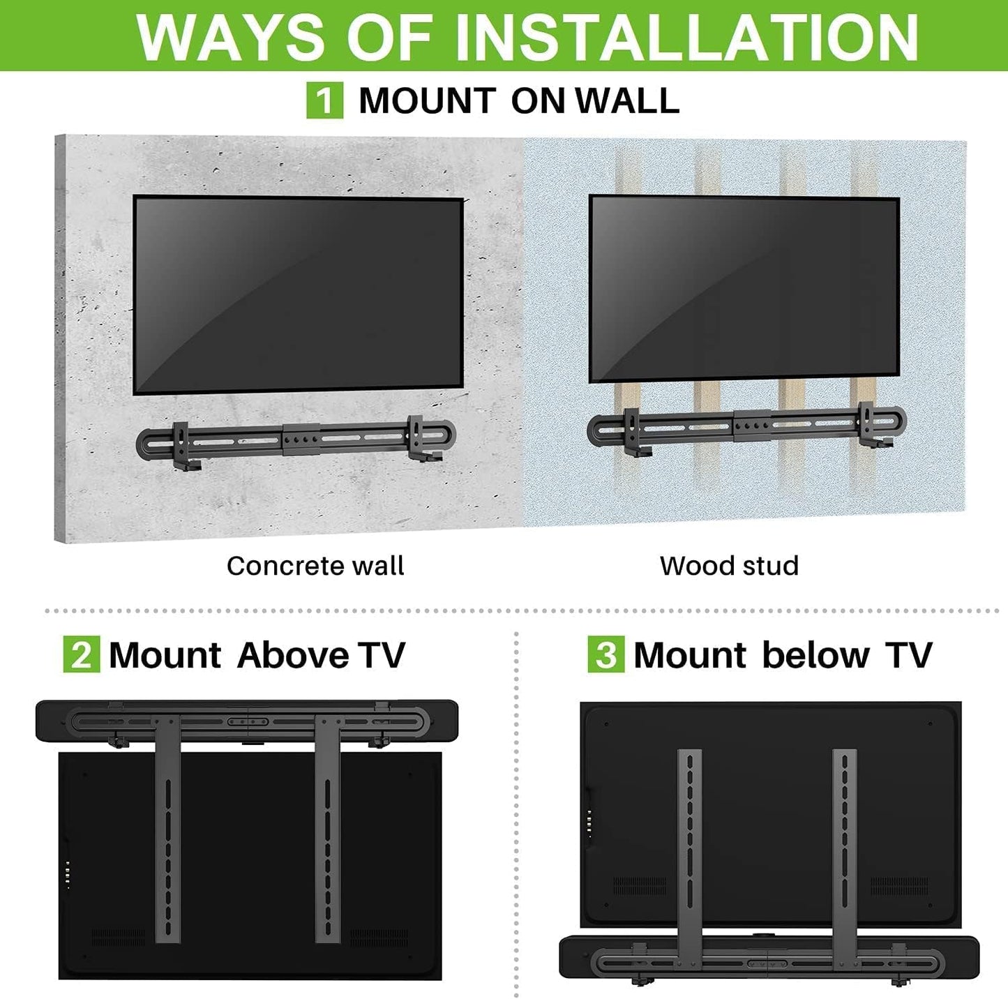 USX MOUNT Universal Soundbar Mount to TV, Sound Bar Wall Mount Bracket Above or Under TV, Up to 13 Lbs, Removable No-Slip Base Holder Extends 3.46”-6.06, Easy to Install, XAS002