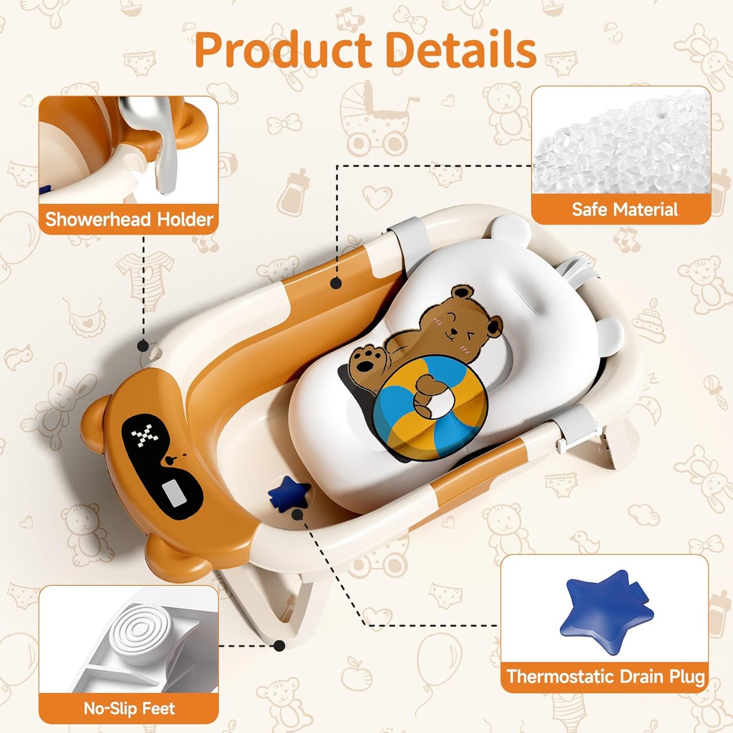 Kerbwry Baby Bathtub for Newborn to Toddler, Baby Bath Tub with Soft Towel and Floating Cushion, Baignoire Pour Bébé, Shower Essentials for Newborn (0-18 Months) Grey