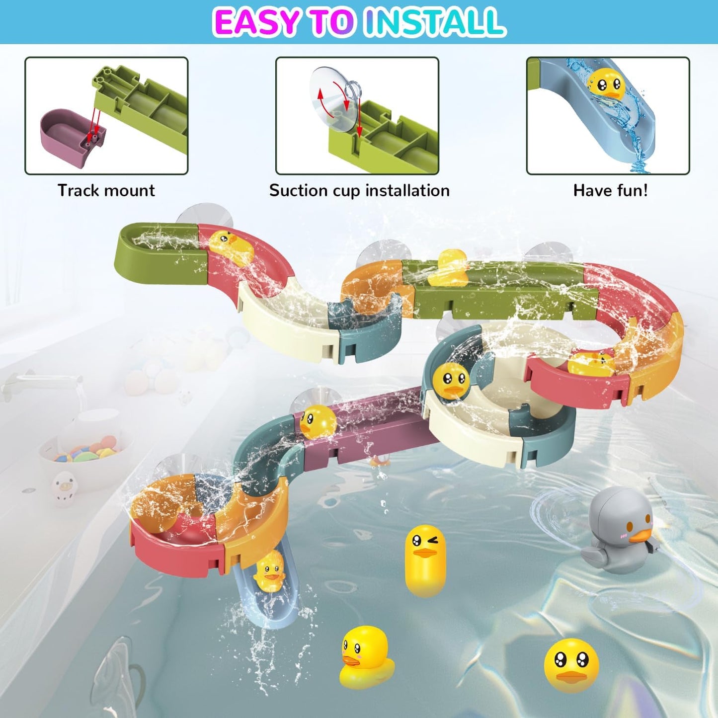 Mostop Baby Bath Toys, Duck Slide Baby Bathtub Toys for Kids Ages 3-8, Toddler Tub Toys DIY Slippery Slide Track Toy with 6 Ducks, A Boat, Fun Toddler Shower Toys Birthday Gift for Boys Girls