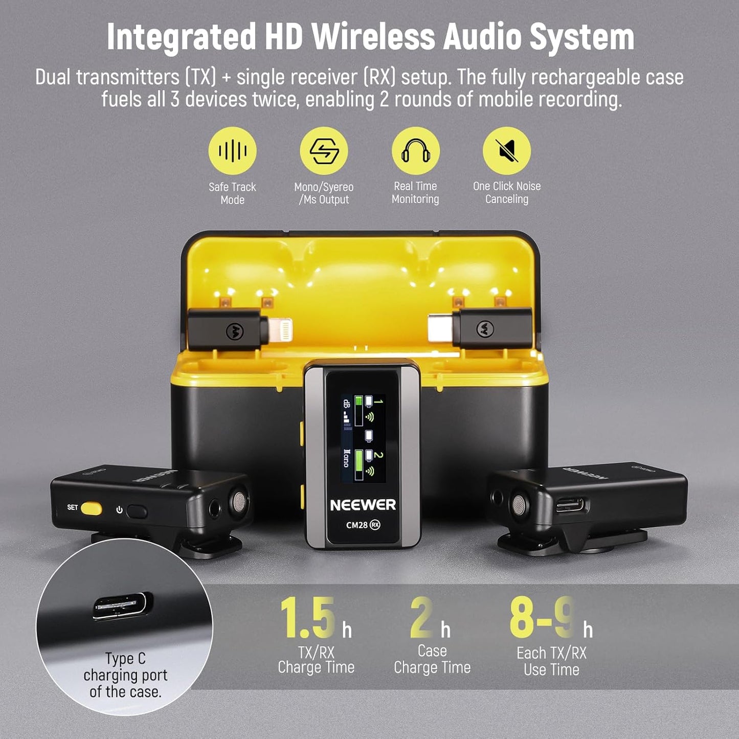 NEEWER CM28 Wireless Lavalier Microphone System with Charging Case, 1 Click Noise Canceling, 4GB Storage for 9Hrs of 48KHz 16 Bit Uncompressed Audio Lapel Mic Compatible with iPhone/Android/PC/Camera
