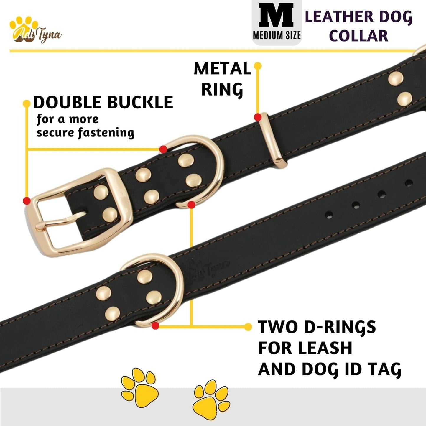 ADITYNA Heavy-Duty Leather Dog Collar for Medium Dogs - Soft and Strong, 100% Genuine Leather - Collier Pour Chien (Medium: Fit 13" - 20" Neck, Brown)