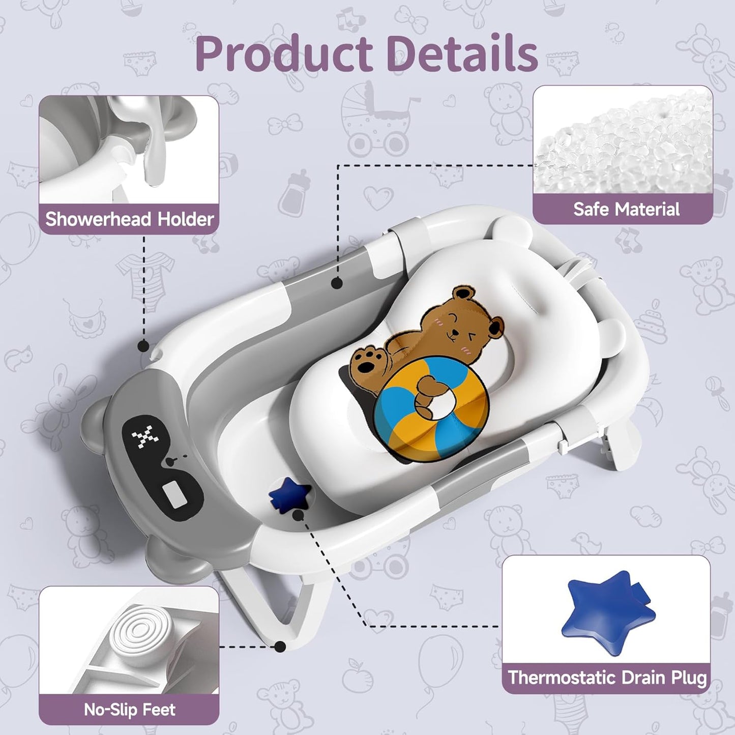Kerbwry Baby Bathtub for Newborn to Toddler, Baby Bath Tub with Soft Towel and Floating Cushion, Baignoire Pour Bébé, Shower Essentials for Newborn (0-18 Months) Grey