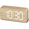 Odokee Wooden Digital Alarm Clock for Bedroom: Electric Desk Clock with Large LED Display - Brown