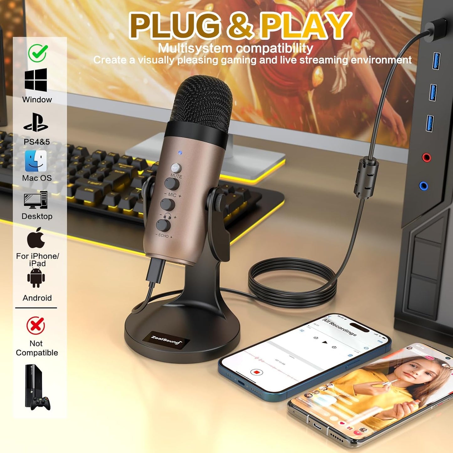 ZealSound USB Microphone,Condenser Phone Computer PC Mic kit,Plug&Play Gaming Microphones for PS 4&5.Mic Gain&Volume Control,Echo &Mute Button for Vocal,Record,Streaming,Discord YouTube Podcast on Mac
