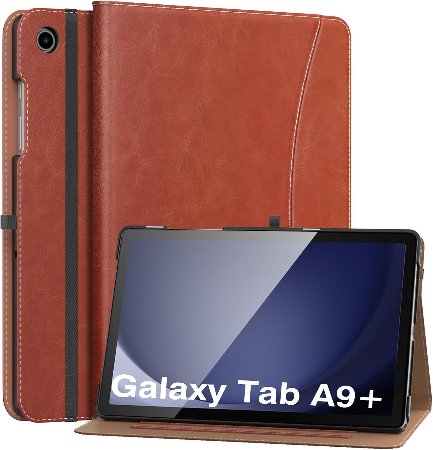 MoKo Case for Samsung Galaxy Tab A9 Plus 11" 2023 (SM-X210/SM-X216/SM-X218), PU Leather Multi-Angle Viewing Folding Stand Cover Case with Hand Strap, Front Pocket, Auto Wake/Sleep, Denim Blue & Brown