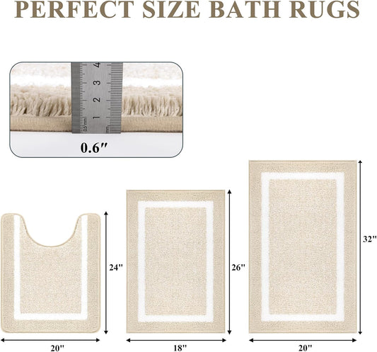Pauwer 3 Piece Bathroom Rug Set, Non Slip Washable Bath Mat, Light Beige Soft Plush Microfiber, Super Absorbent Floor Carpet, U Shaped Toilet Mats, Quick Dry, Shaggy Shower Rugs Runners