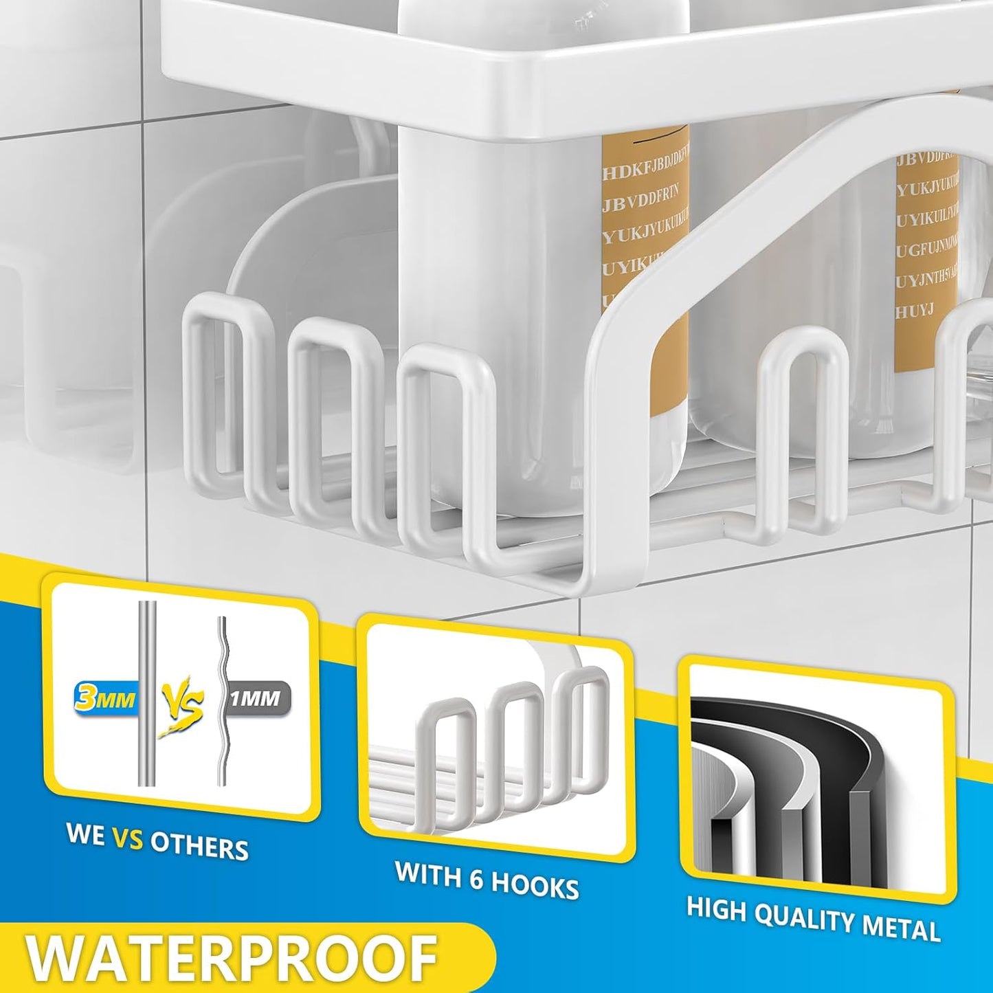 Coraje Adhesive Shower Caddy, 5-Pack Shower Shelves, Large Capacity Load Bearing 40 LBS Shower Organizer, No Drilling Shower Shelf, Rustproof Stainless Steel Bathroom Shower Storage, Black