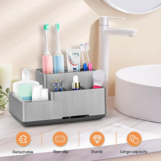 Toothbrush Holder, Bathroom Organizers Countertop, 6 Compartments Multifunctional Washroom Organizer for Toothpaste, Cosmetic, Makeup, Office Stationery Pencils(Silver)