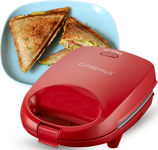 PREMIUS Ceramic NonStick Mini Snack Sandwich Maker, Indicator Light, 5x4.4 Inch Mold, Great for French Toast, Tuna Melt, Egg & Grilled Cheese, Pancake Sandwich, Desserts, Toasties, 520 W (Red)