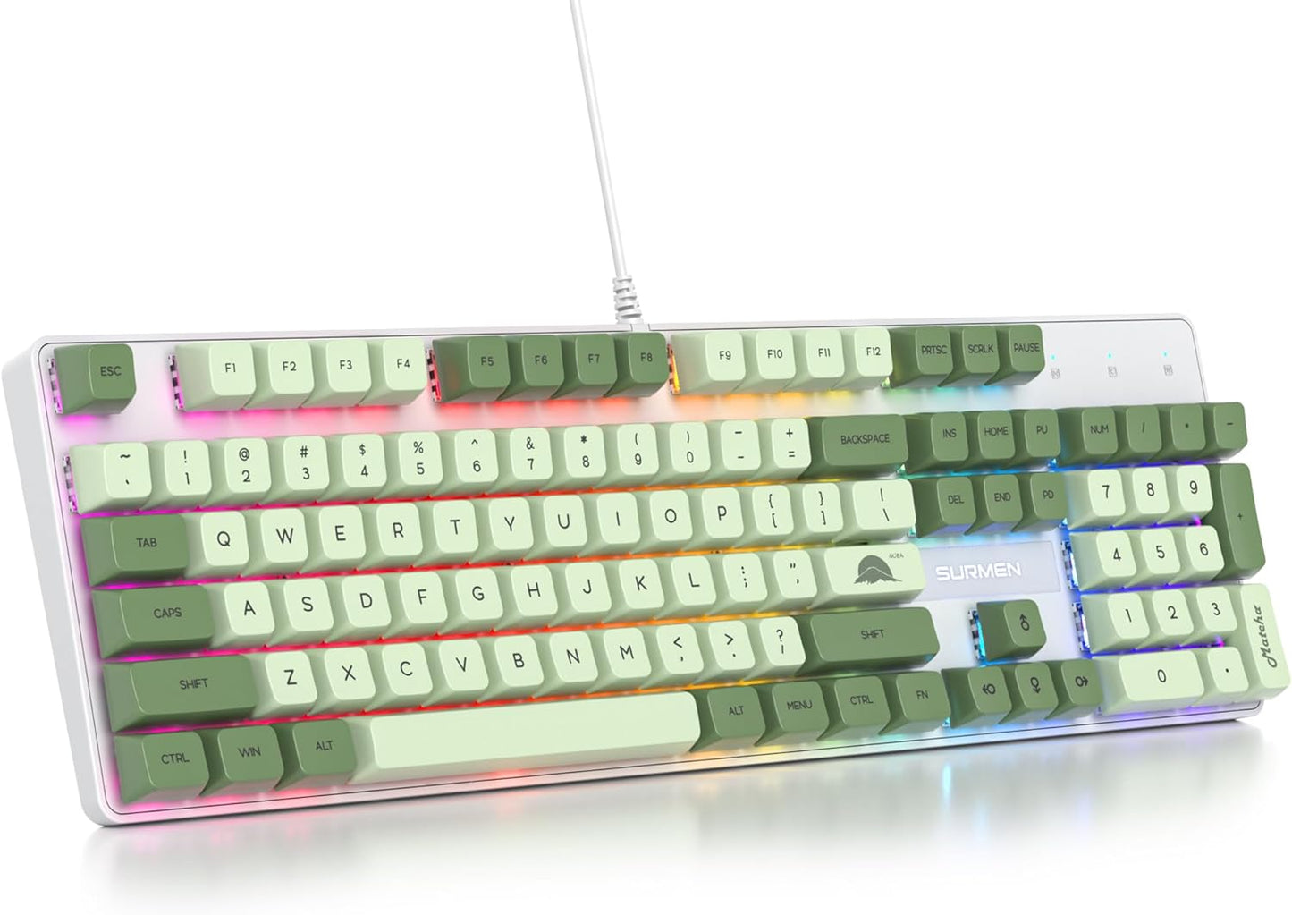 Fogruaden Full Size Mechanical Keyboard, Green Matcha Keyboard, Wired USB 104 Keys RGB Backlit Gaming Keyboard with Number Pad, Red Switches, NKRO Mechanical Keyboard for Windows Laptop PC Gamer