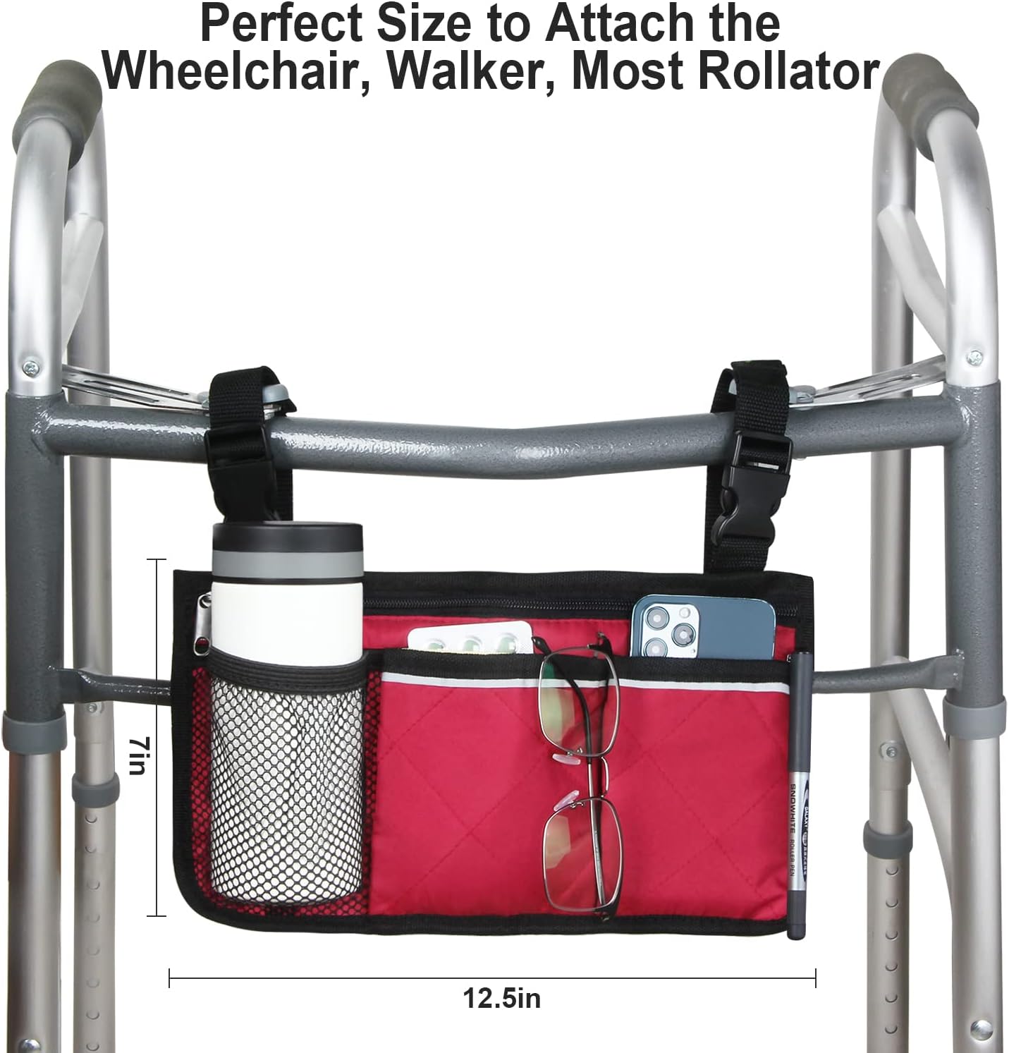 Wheelchair Side Bag, Wheelchair Armrest Storage Pouch with Cup Holder and Reflective Strip for Wheelchairs, Walkers or Rollators (Black)