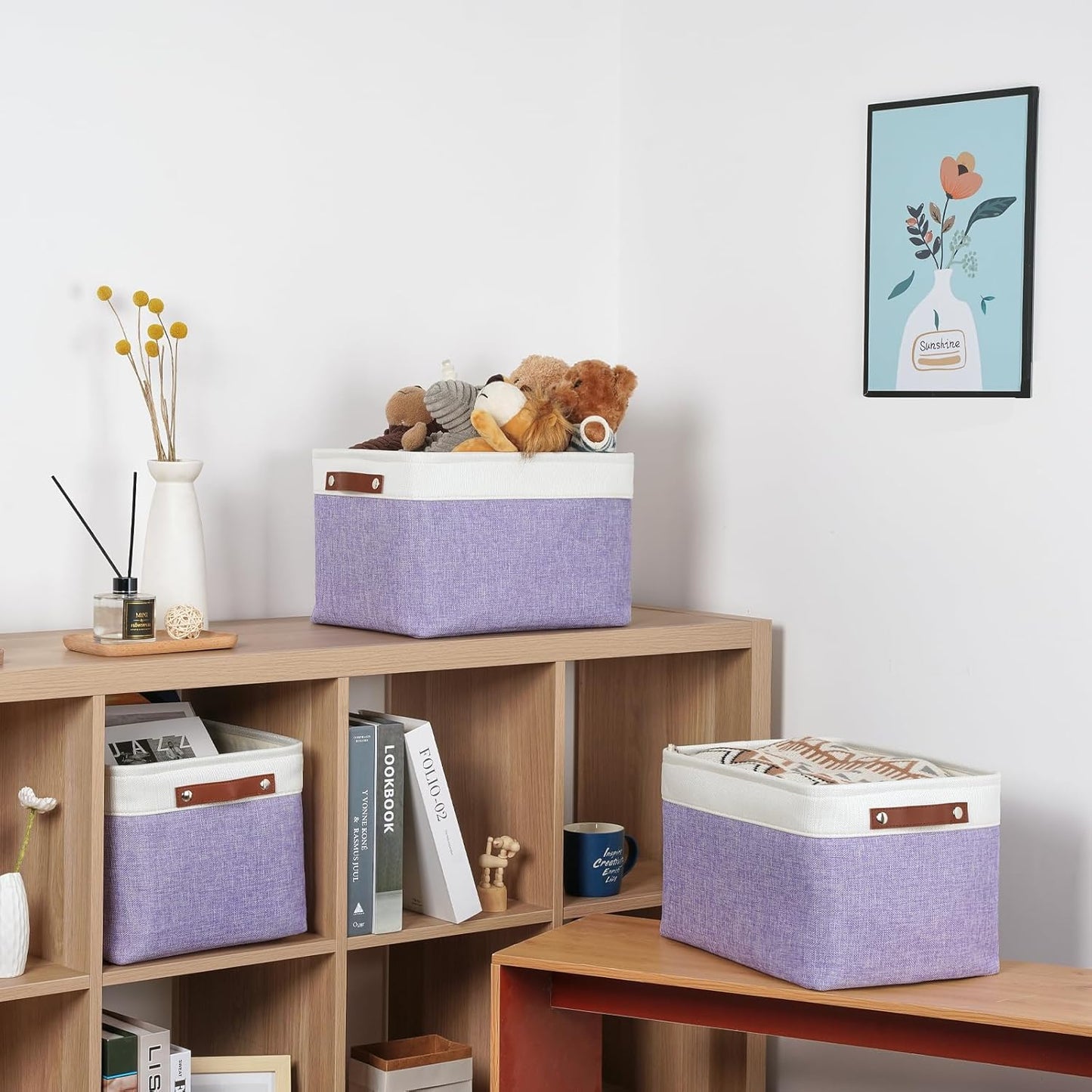 DULLEMELO Storage Baskets for Shelves, Fabric Collapsible Rectangular Storage Bins for Shelves, Closets, Nursery, Home, Office, Empty Gift Baskets (White&Teal)