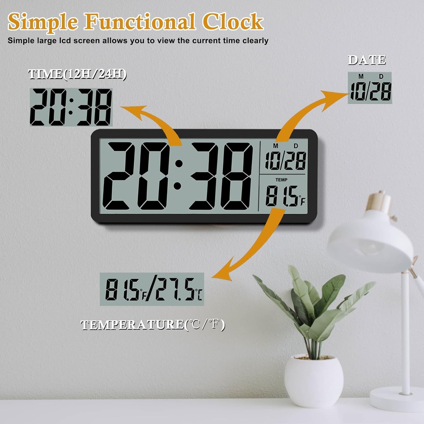 QINYUNE Digital LCD Wall Clock Easy to Set, 8.5 Inch LCD Screen with Time/Date/Temperature Display,Simple Digital Desk Clock with 12/24H for Bedroom Living Room Office