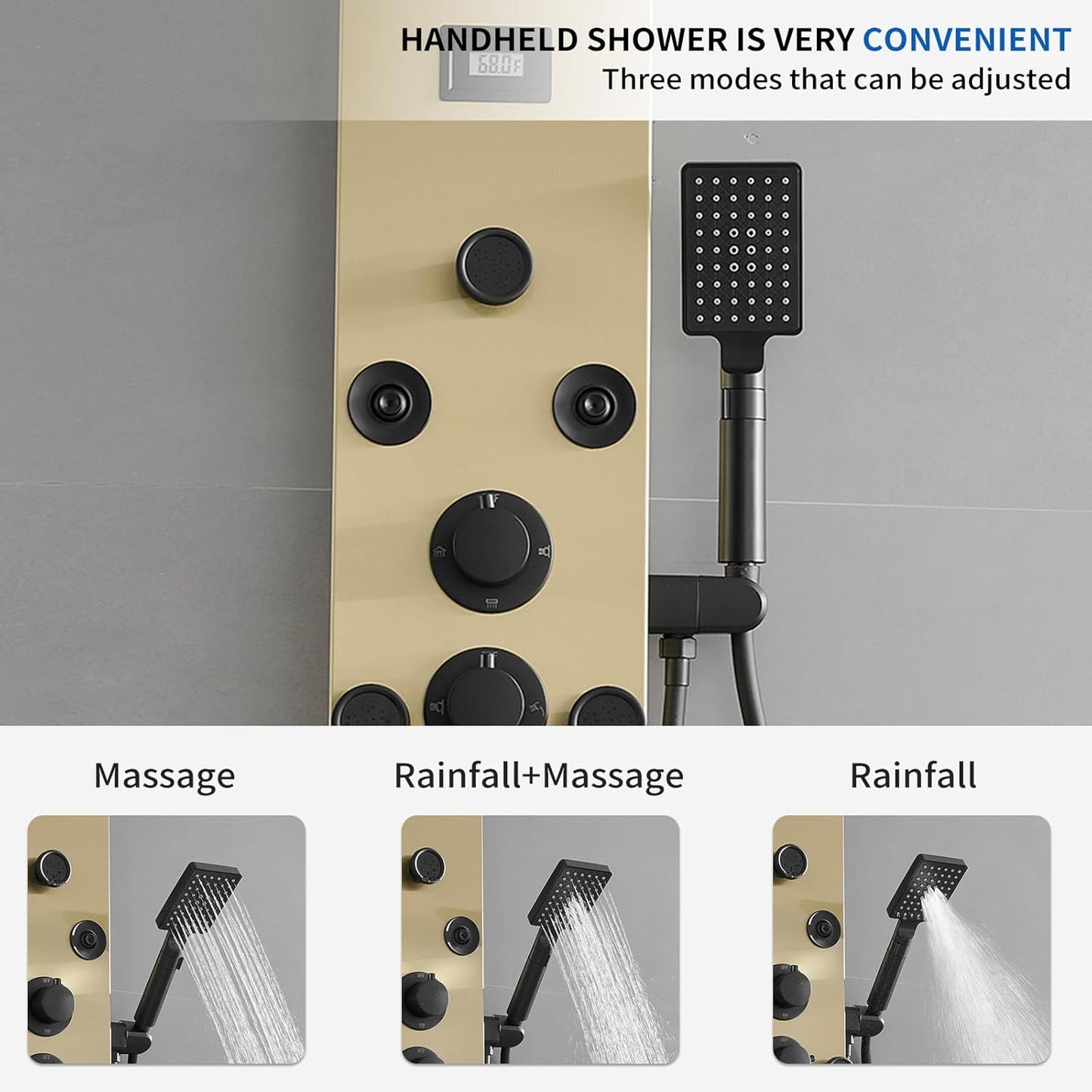 Bathfinesse Shower Tower Bathroom Shower Panel System Rain Massage System 6 in 1 Body Spray Jets Shower Wall Panels Rainfall Waterfall Shower Head Tub Spout with Temperature Display,Matte Black