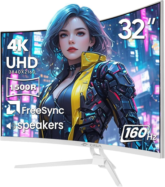 CRUA 32'' Curved Gaming Monitor, 160Hz/144Hz 4K UHD(3840 * 2160P) White Computer Monitor, 1500R VA Screen, Supports Freesync, 120% sRGB, Built-in Speakers, RGB Lighting, Wall Mountable,HDMI 2.1&DP 1.4
