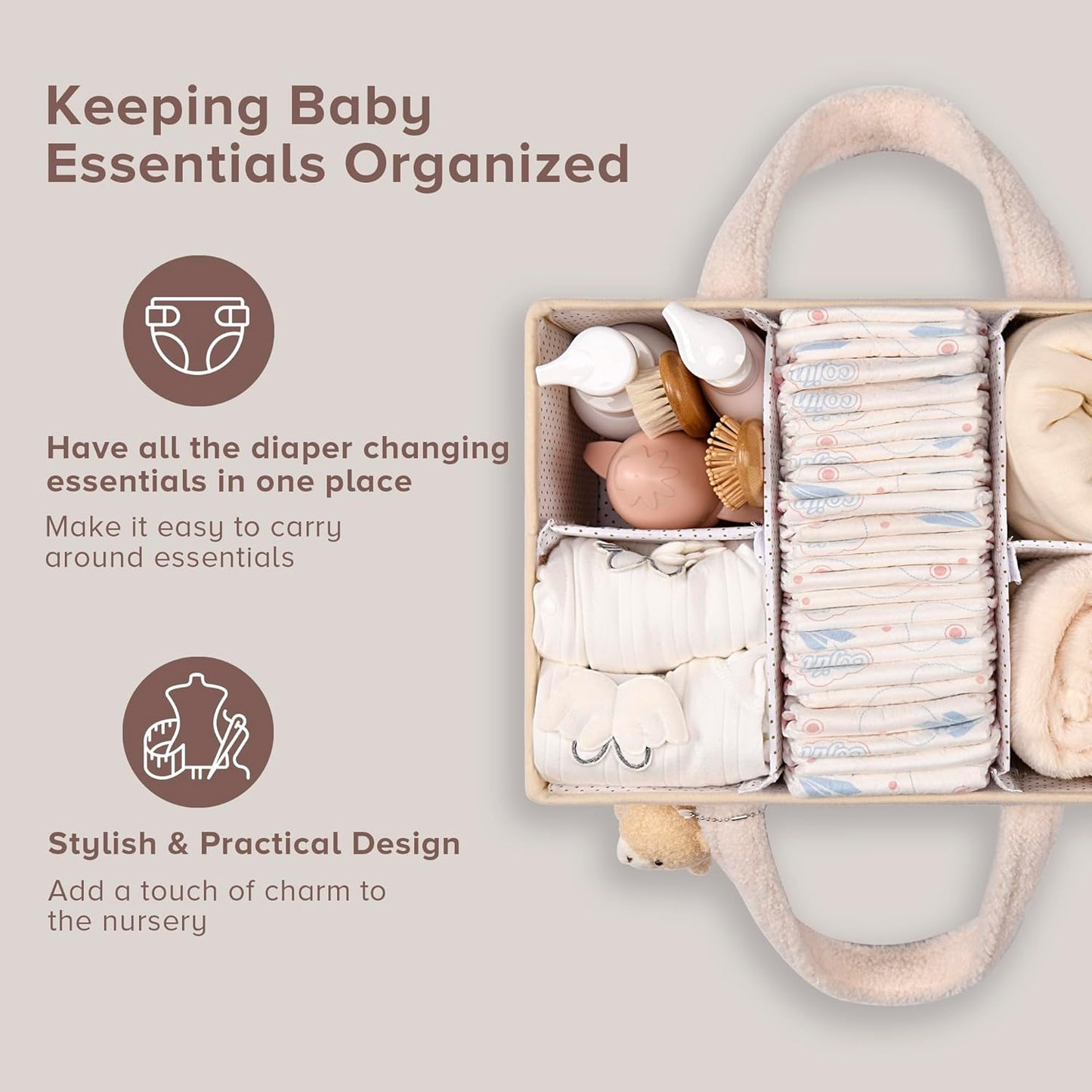 PeraBella Baby Diaper Caddy Organizer, Baby Organizers and Storage for Changing Table, Babies Shower Gift Basket for Boy &Girl, Nursery Essentials Car Caddy Organizer with Handle, White Diaper Basket