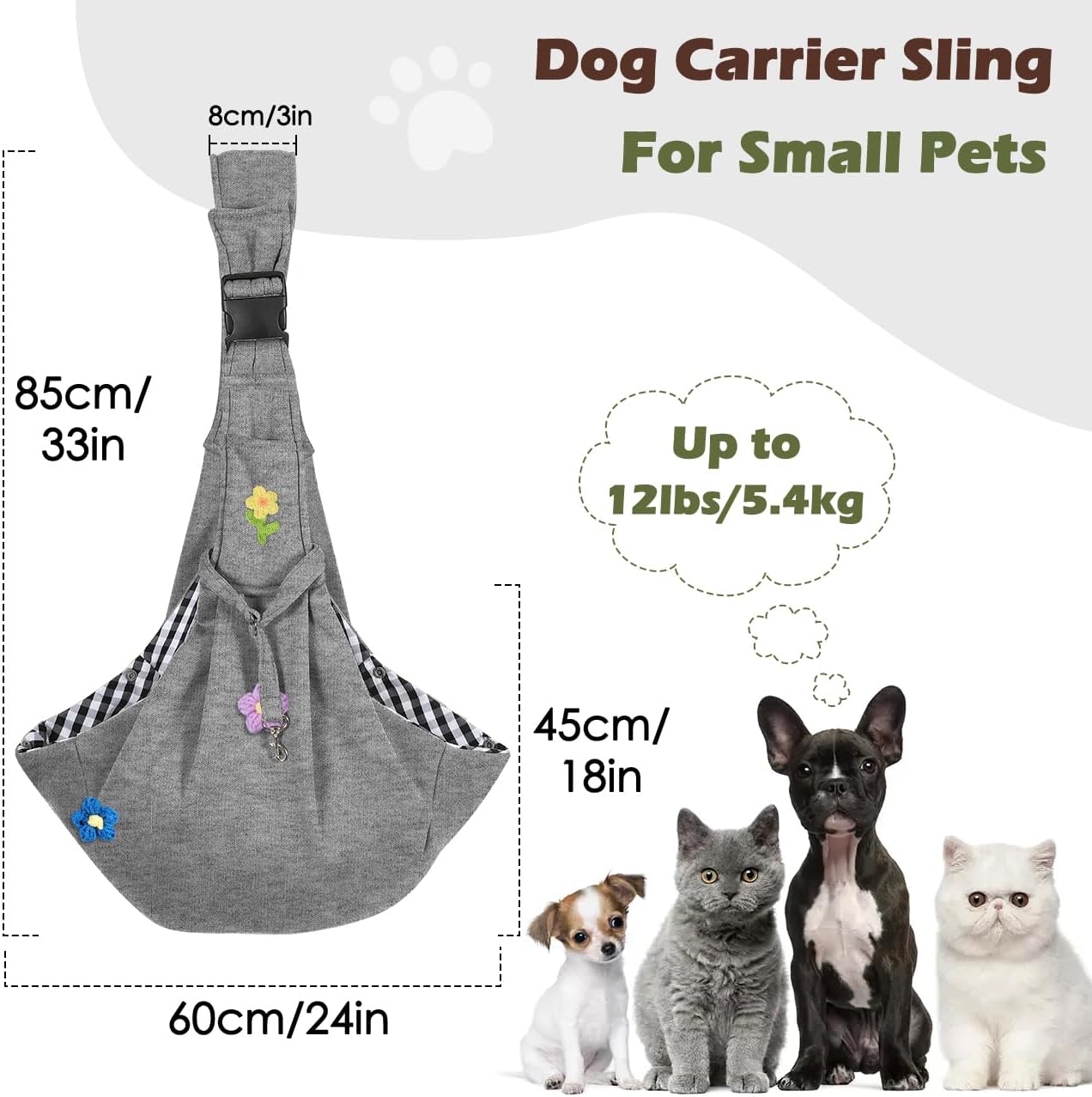Pawaboo Small Dog Sling Carrier, Reversible Hands Free Dog Sling Carrier for Small Dogs and Cats, Puppy Sling Carrier with Adjustable Strap Buckle & Safety Harness, Puppy Essentials, Grey