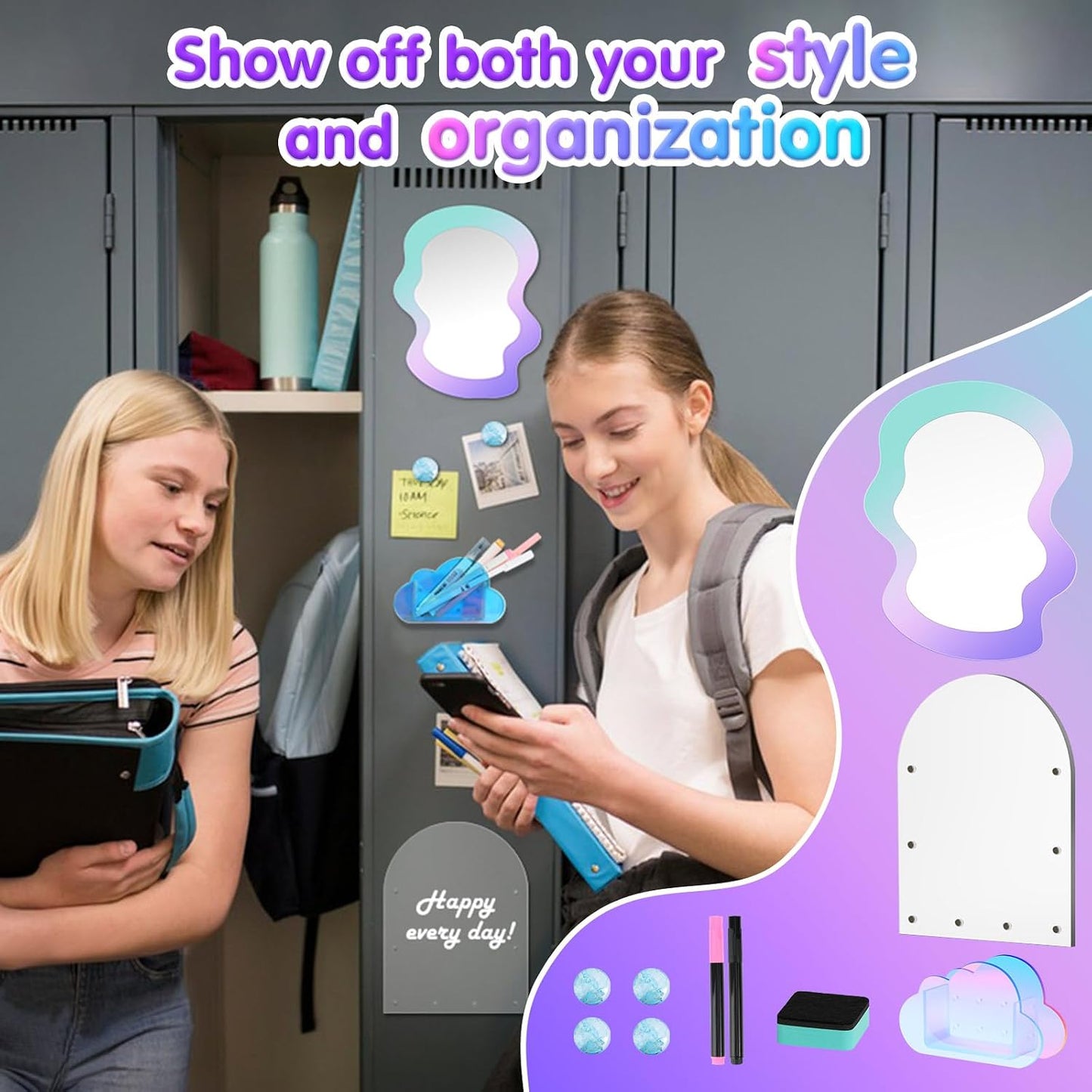 MoKo 10Pcs Locker Accessories for Girls, Back to School Supplies | Includes an acrylic board, locker mirror, eraser, pen holder, 2 marker pens and 4 round magnets for metal surfaces.