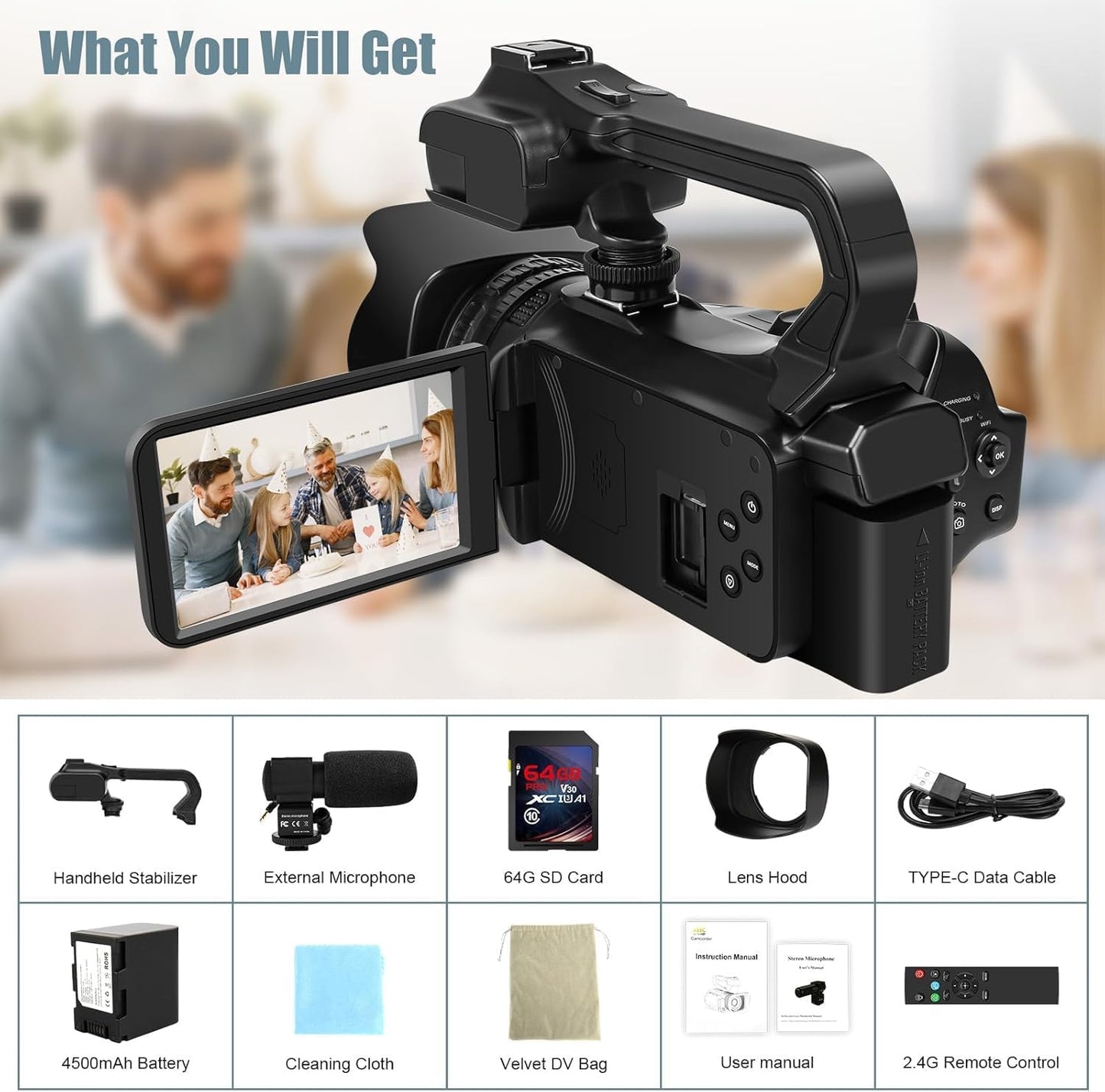 6K Camcorder Video Camera HD 64MP IR Night Vision Vlogging Camera for YouTube 18X Digital Zoom 4.0 Inch Touch Screen Video Camera with WiFi, Microphone, Stabilizer, Remote Control, 64GB SD Card