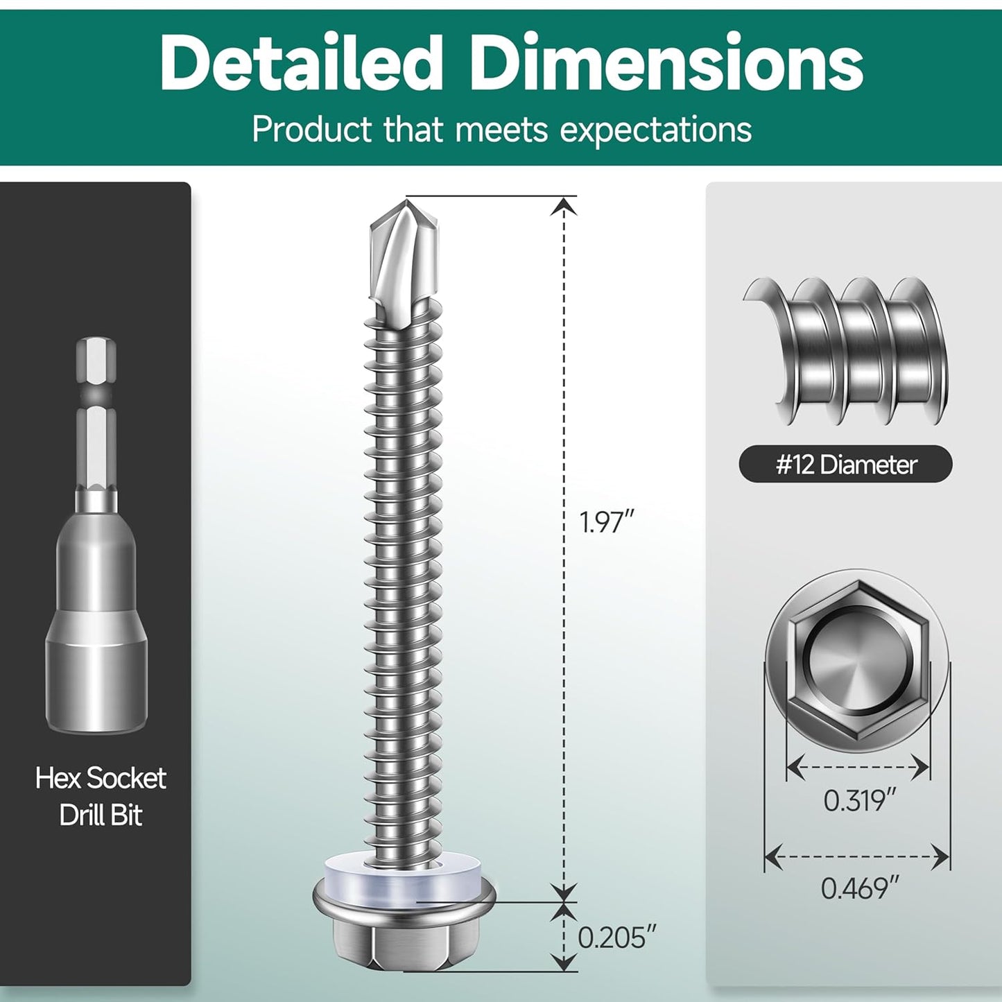 EASTPUK 100Pcs #8 x 1/2" Sheet Metal Screws, 410 Stainless Steel Self Drilling Hex Washer Head Self Tapping Screws for Metal with Drill Bit