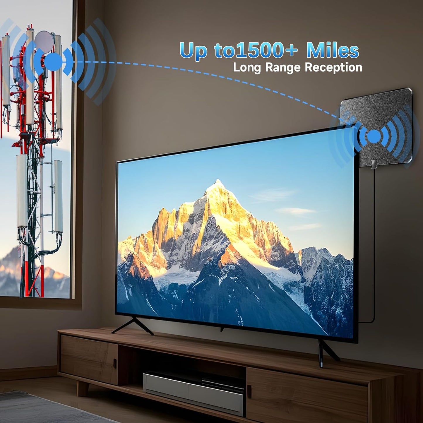1500+ Miles Long Range Digital Antenna for Smart TV, 2025 Upgraded TV Antenna Indoor/Outdoor with Amplifier 360° Reception, HD TV Antenna for Local Channels Support 8K 4K 1080P-16FT Coax Cable