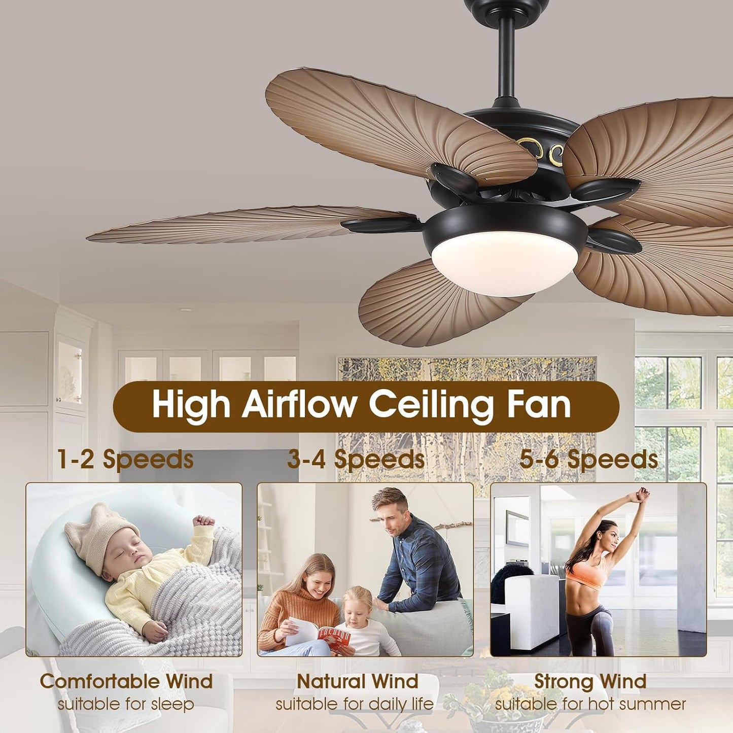 Wiviniya Ceiling Fans with Lights and Remote/APP Control, 44 Inch Tropical Palm Leaf Ceiling Fan with LED Lights, Outdoor Ceiling Fans for Patios Porch, Reversible Quiet Motor, Dimmable, Light Brown