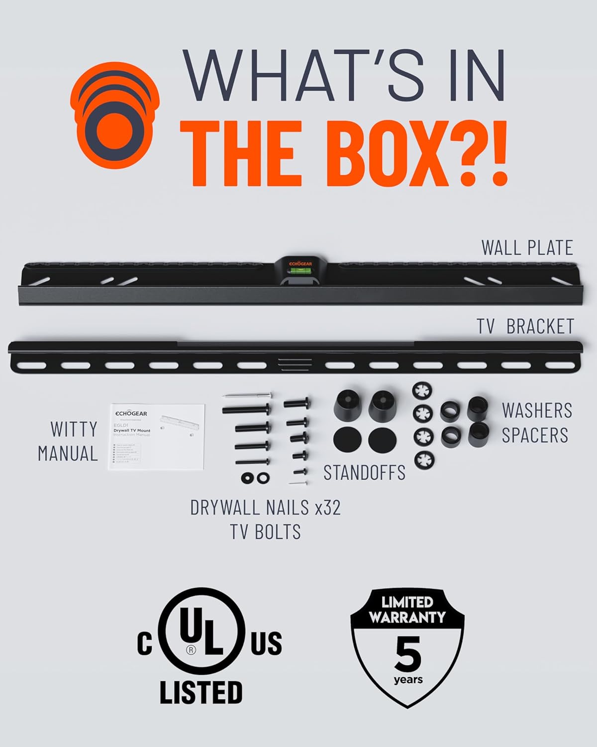 ECHOGEAR No Stud TV Mount for Drywall - Slim No Drill Design Holds TVs Up to 100lbs with Nails - Easy Studless Install with No Drill Needed