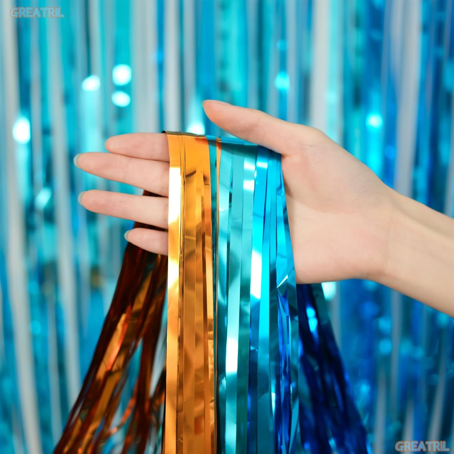GREATRIL Iridescent Party Tinsel Fringe Backdrop Decorations - Holographic Foil Streamers Curtain for Mermaid/Under The Sea/Frozen/Ocean/Disco/Birthday Themed 3.2ft x 6.5ft - 2 PCS